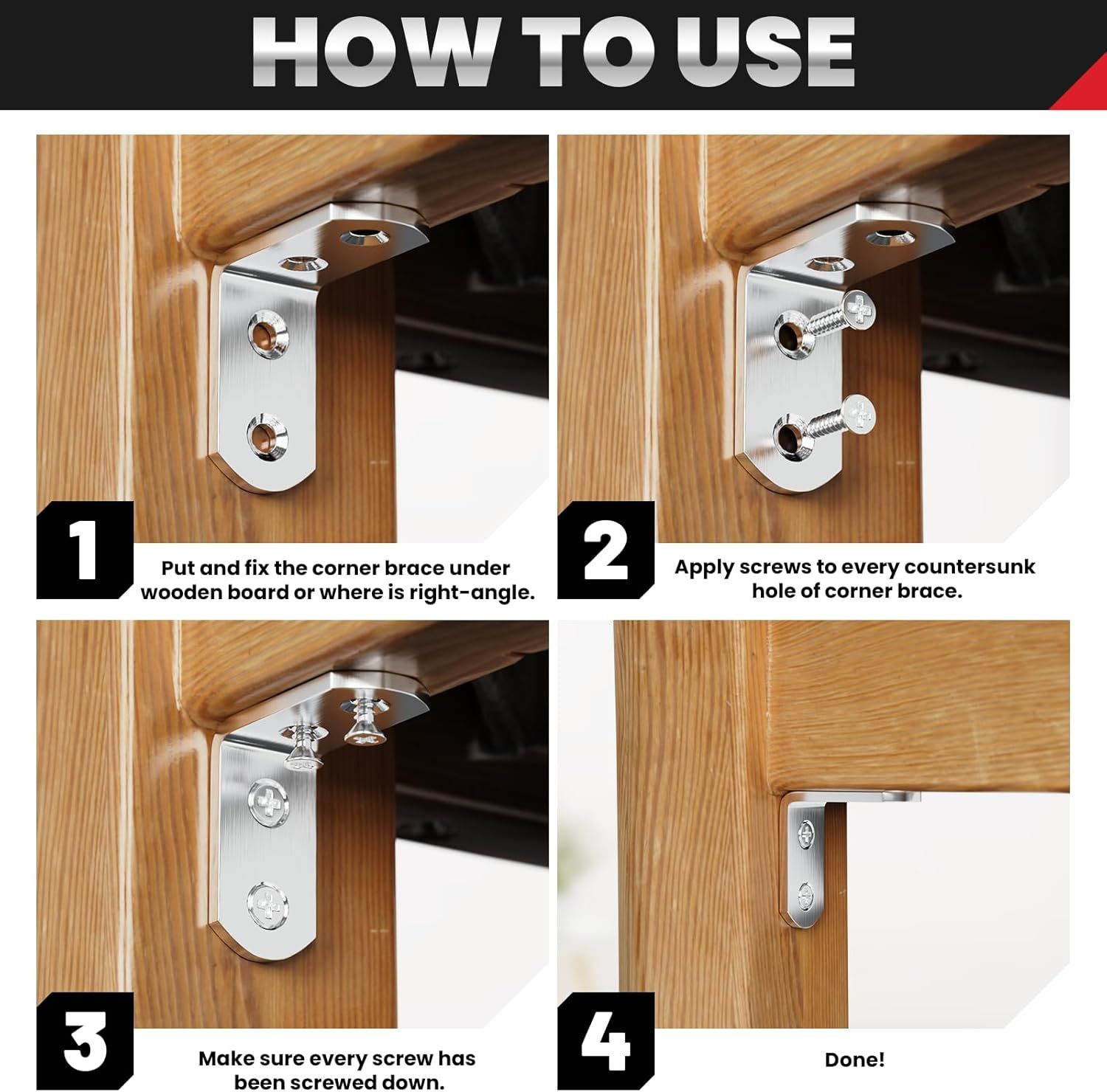 8 PCS Heavy Duty Corner Brace, 40x40mm Stainless Steel Joint Right Angle Brackets with Screws, 90 Degree Wall Brackets Hanger or Shelves, Tables, Dressers, Chairs, Silver - Image 5