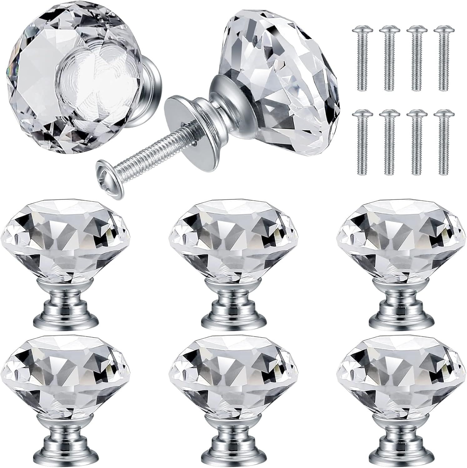 8 Pcs Crystal Cabinet Knobs, Decorative Diamond Shape Crystal Glass Dresser Knobs or Dresser Drawers Cupboard Wardrobe urniture Cabinet Pulls Handles Kitchen Bathroom Bedroom Knob(Silver, 30mm) - Image 1