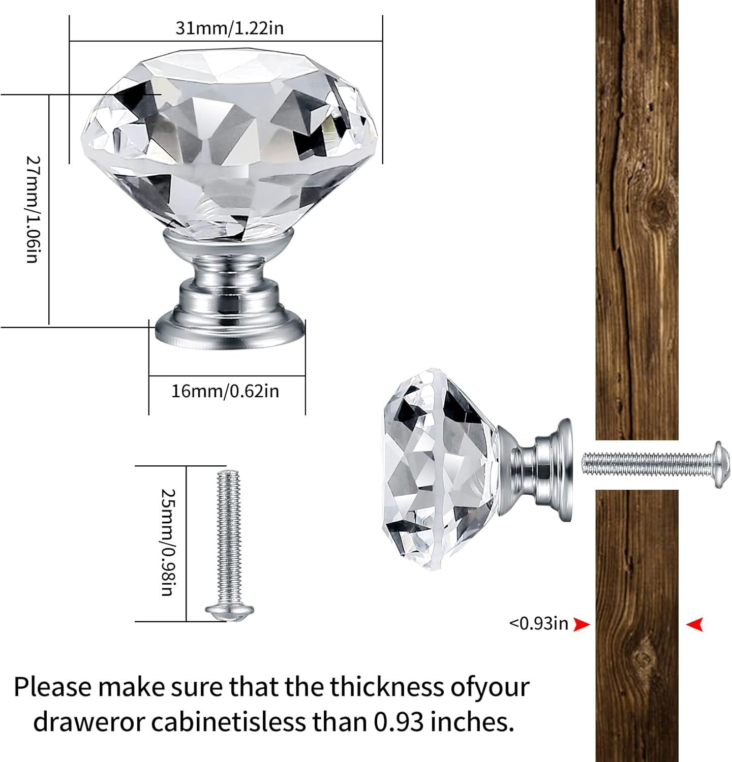 8 Pcs Crystal Cabinet Knobs, Decorative Diamond Shape Crystal Glass Dresser Knobs or Dresser Drawers Cupboard Wardrobe urniture Cabinet Pulls Handles Kitchen Bathroom Bedroom Knob(Silver, 30mm) - Image 3