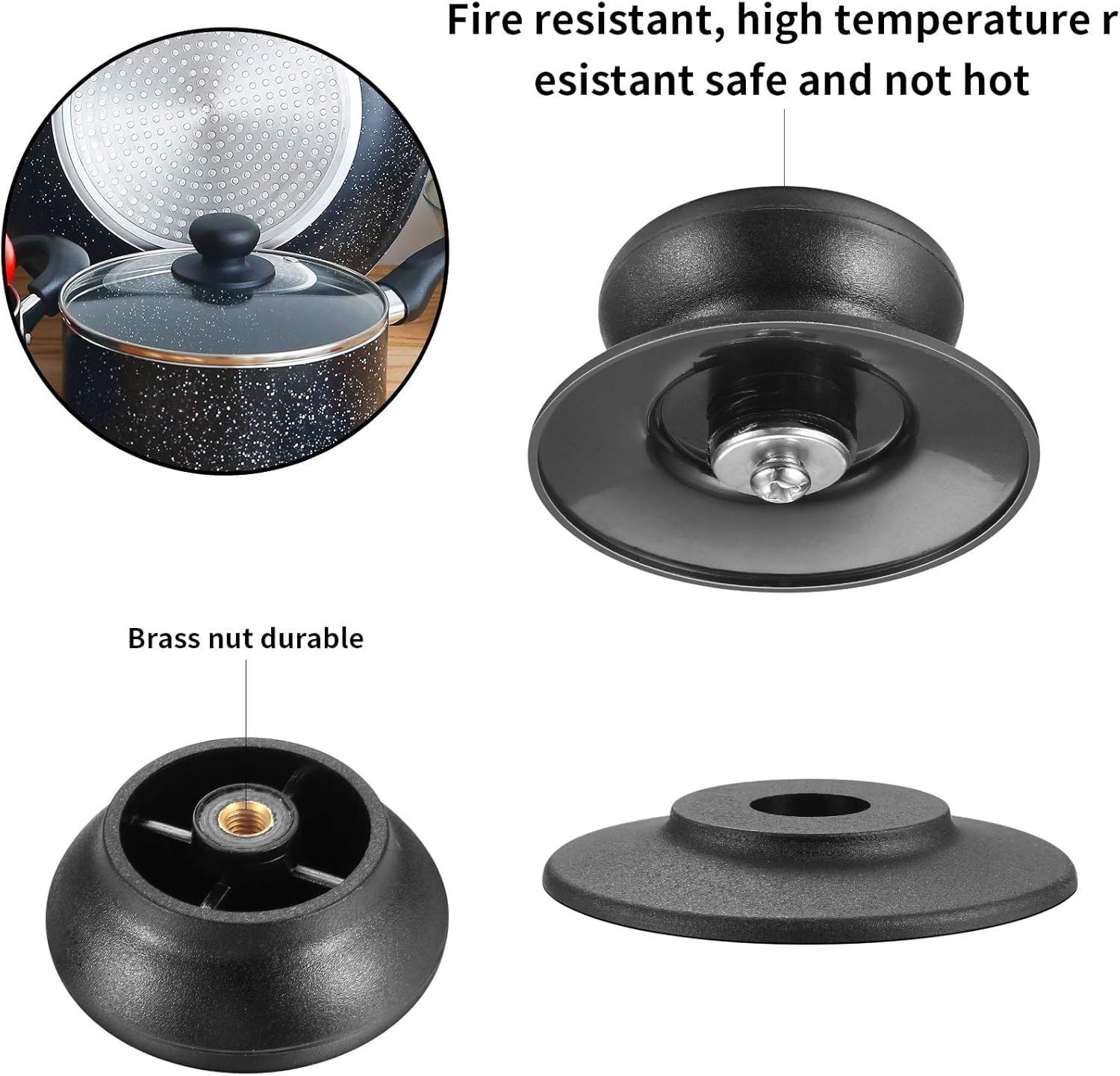 4 Pcs Universal Pot Lid Knobs, Pot Lid Handle Replacement, Pot Cover Knobs, Universal Kitchen Bakelite Top Replacement or Pots and Pans Saucepan Casserole Glass Handles(Black) - Image 3