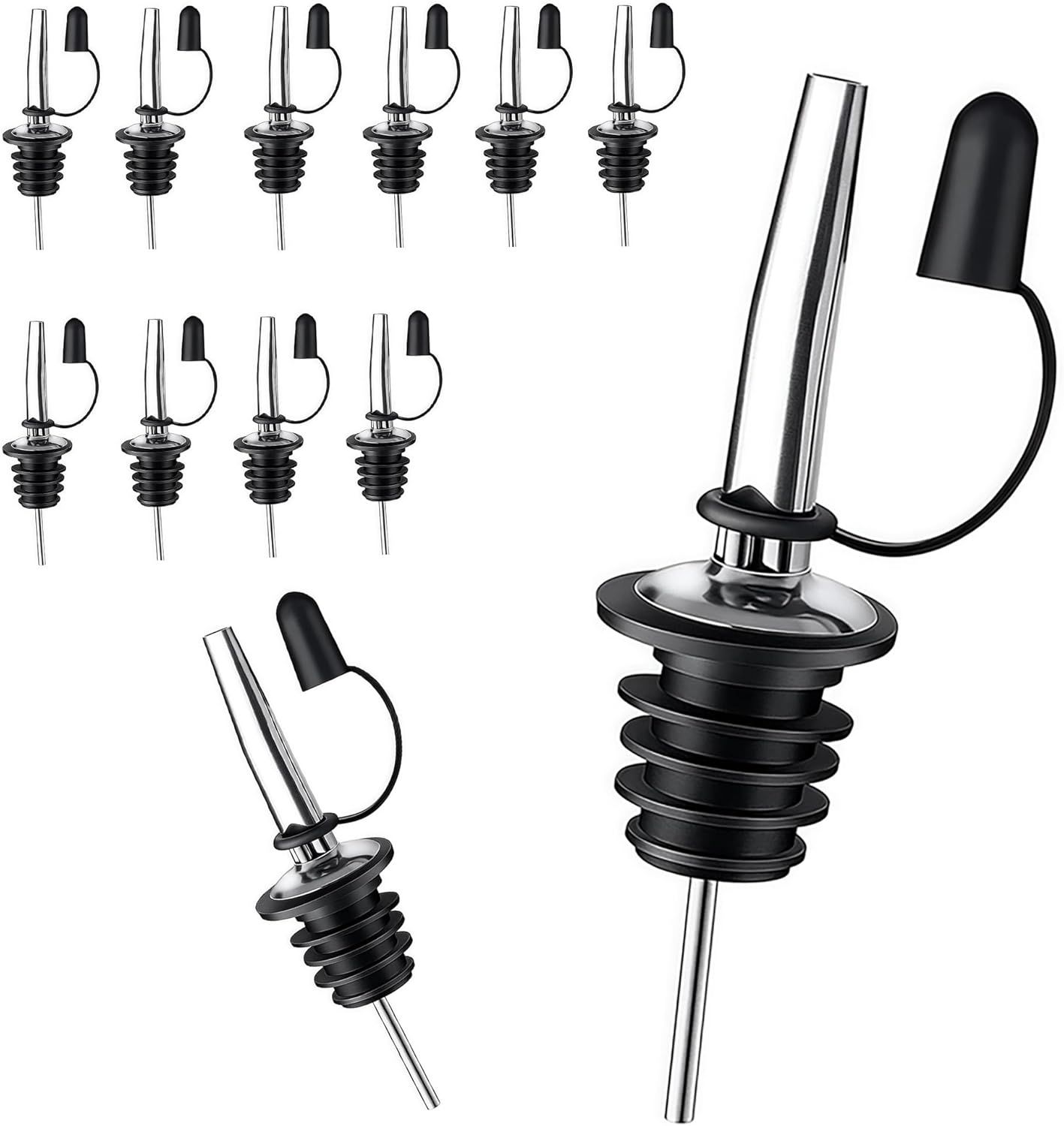 12 Pack Leak-Proo Dust Cap Wine Pourers,Stainless Steel Bottle Pourers or Alcohol, Olive Oil & Syrups- ast, Controlled Pouring,Bar & Home Kitchen Accessories - Image 1