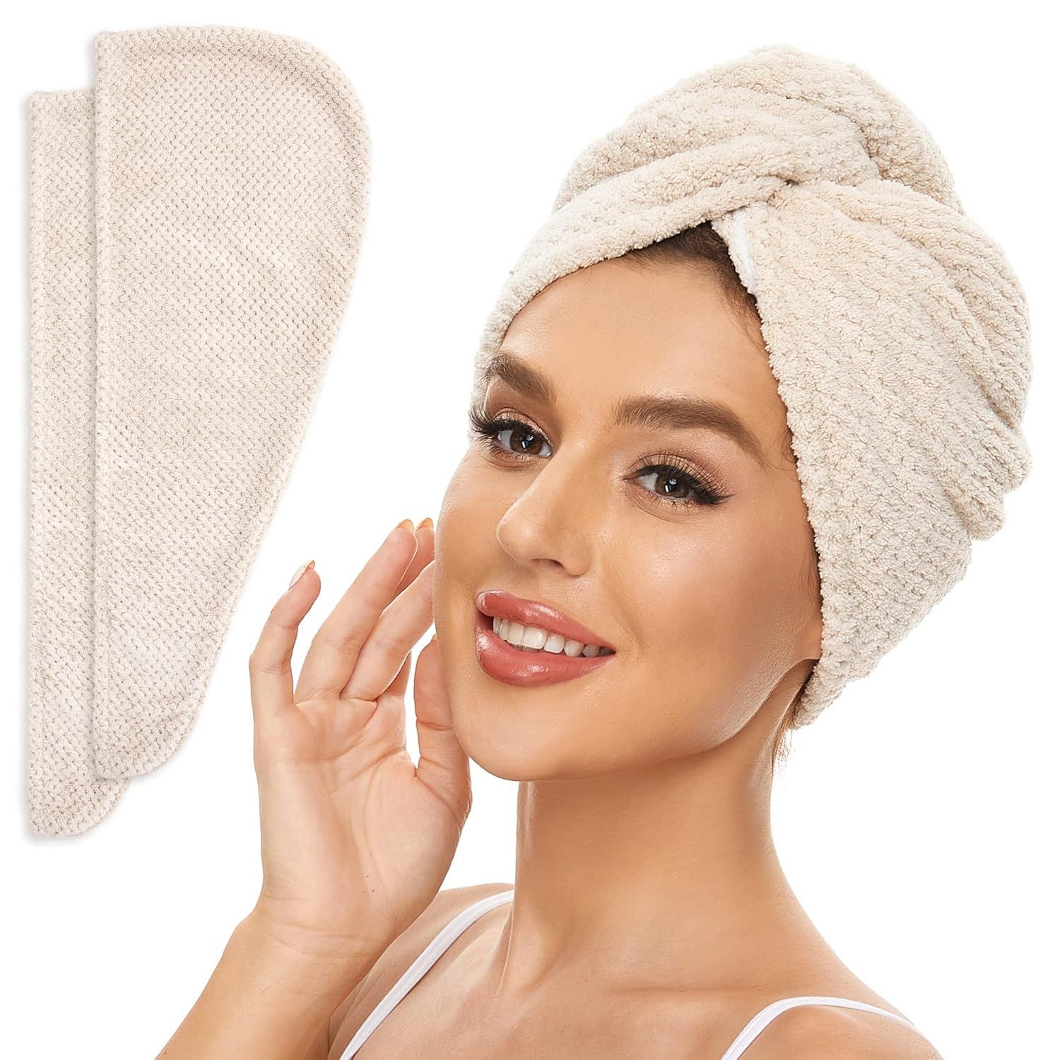2 Pack Microiber Hair Towel Wrap or Women, Anti rizz Quick Drying Hair Turban or All Hair Style, Absorbent and Lightweight (Beige) - Image 1