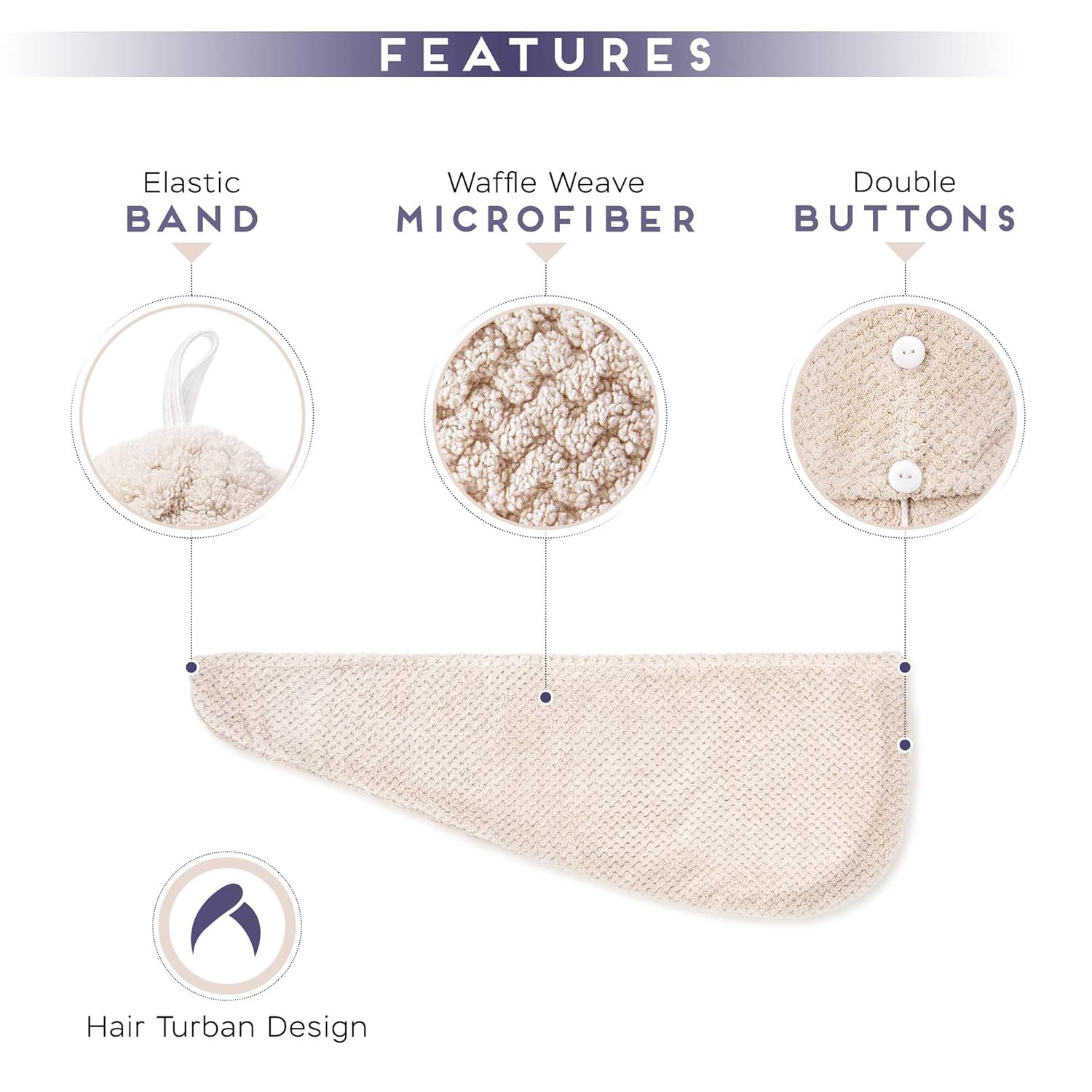 2 Pack Microiber Hair Towel Wrap or Women, Anti rizz Quick Drying Hair Turban or All Hair Style, Absorbent and Lightweight (Beige) - Image 3