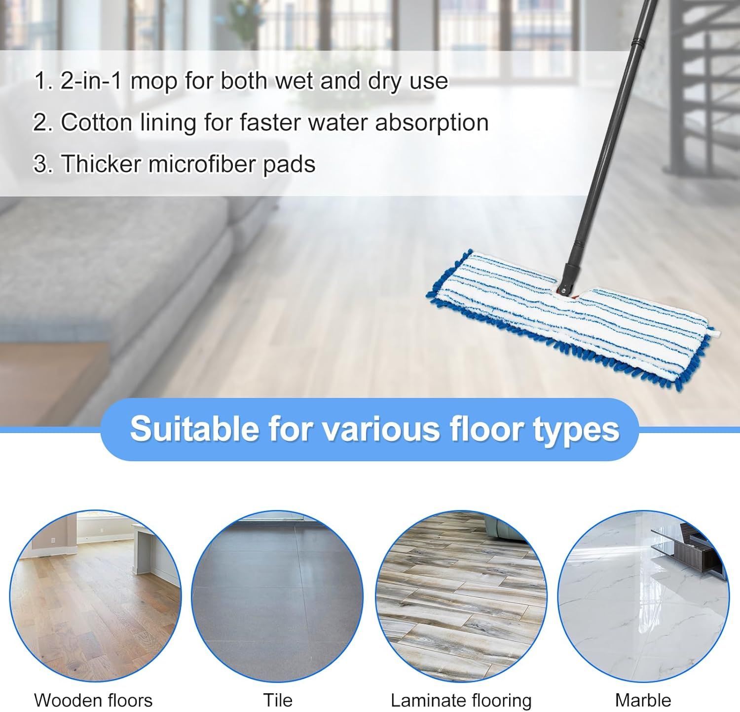 3 Pack Mop Heads Replacements Compatible or Ocedar Dual-Action Microiber lip Mop, Double Sided Mop Replace Head Mop Reills with Microiber & Chenille or Dry Wet Use, Reusable, Machine Washable - Image 6