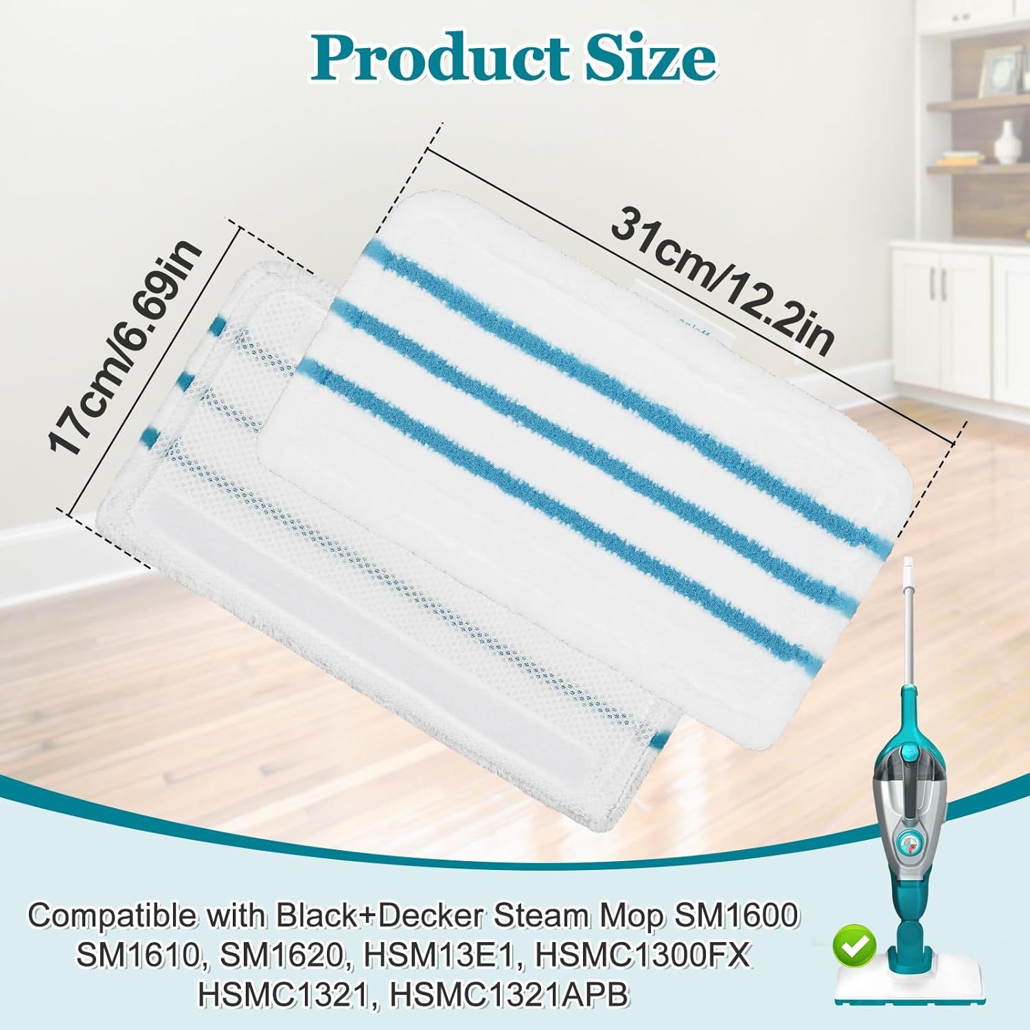 4Pack Steam Mop Pads Replacement or Black+Decker Steam Mop SM1600, SM1610, SM1620, HSM13E1, HSMC1300X, HSMC1321, HSMC1361SG Cleaner Black and Decker Steam Mop Replacement Pads - Image 2
