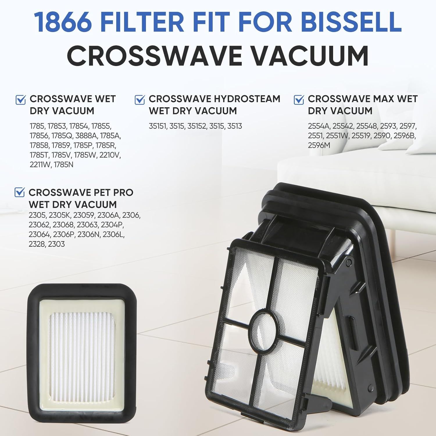 4 Pack 1866 Replacement ilters Compatible with Bissell Crosswave 1785 3888A 2551 & Crosswave Pet Pro 2306 & 2554 2596 CrossWave Cordless Max & Crosswave HydroSteam 35151 3518 Wet Dry Vacuum Cleaner - Image 3