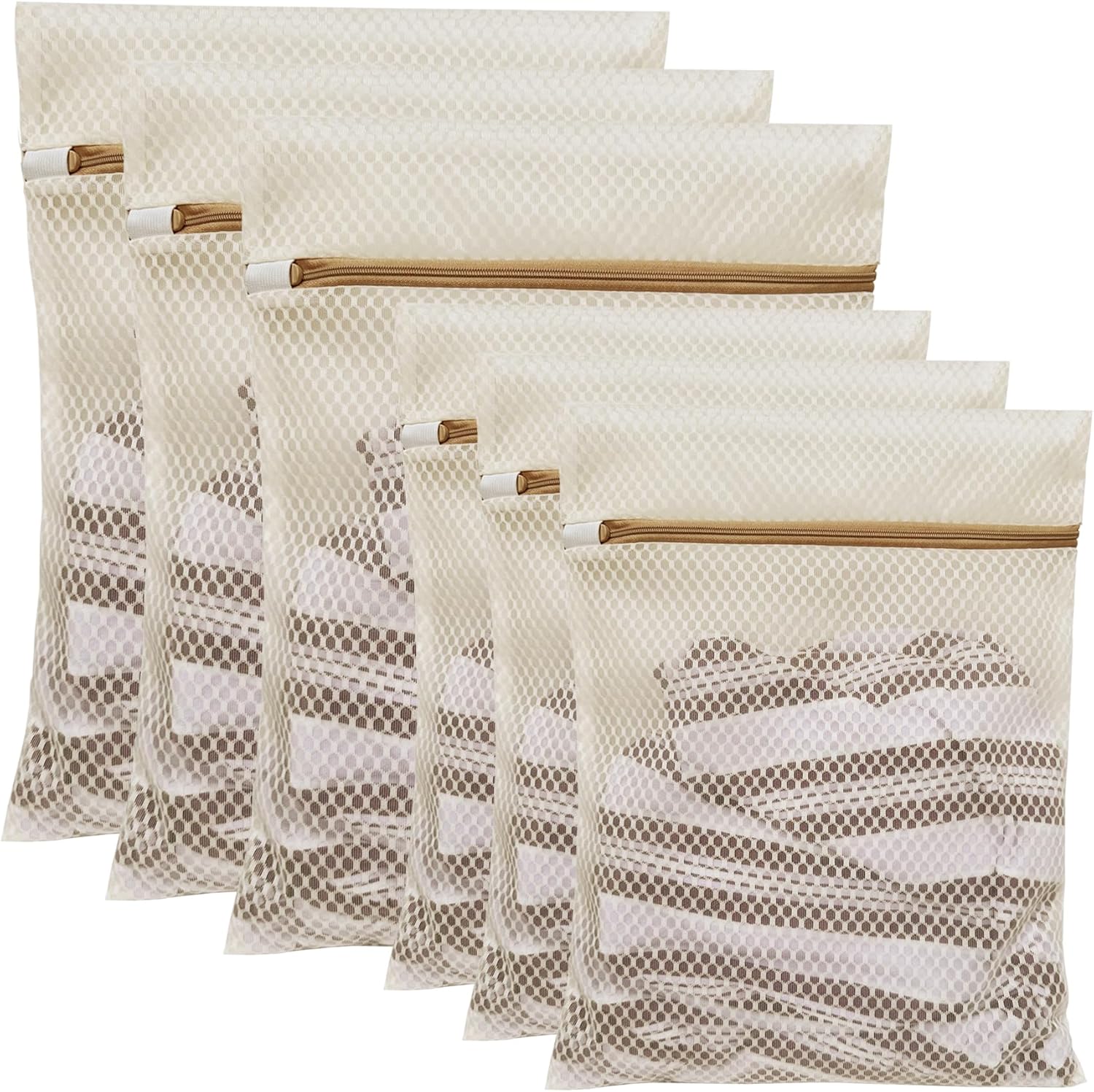6 Pack Laundry Bag, Durable Honeycomb Mesh Laundry Bags Suitable for Delicate Clothes Washing (3 Large, 3 Medium) Beige - Image 1