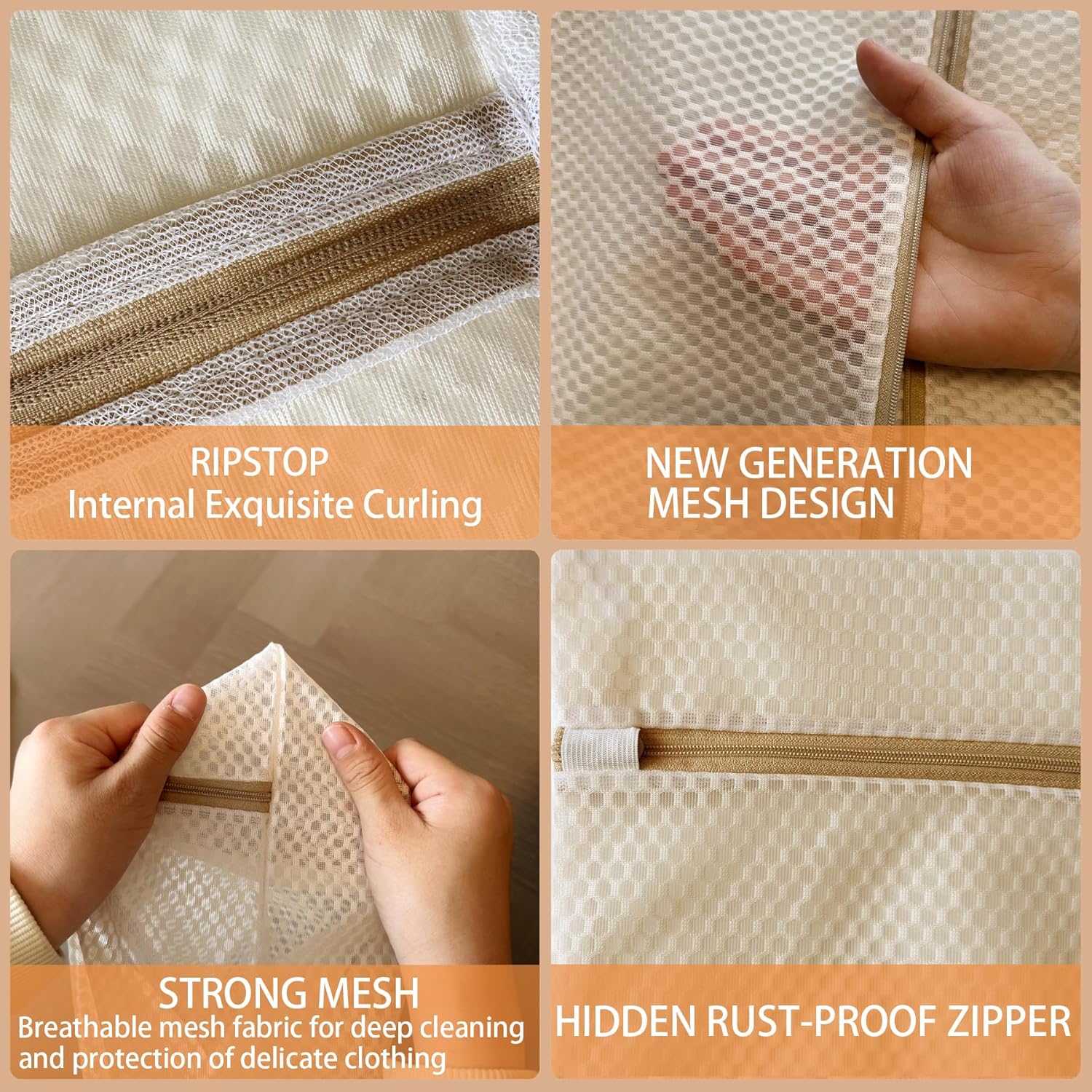 6 Pack Laundry Bag, Durable Honeycomb Mesh Laundry Bags Suitable for Delicate Clothes Washing (3 Large, 3 Medium) Beige - Image 3