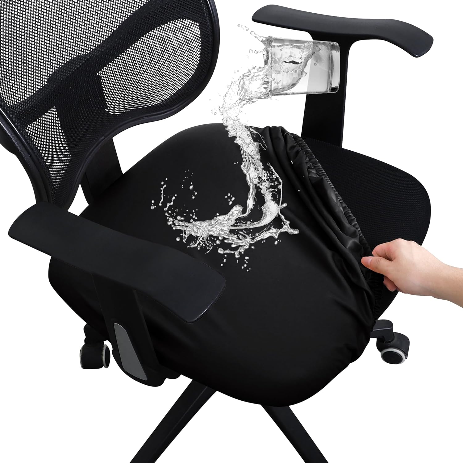 FORCHEER Office Chair seat Covers Leather Stretch Waterproof PU Computer Chair Seat Cushion Slipcovers-Black - Image 1