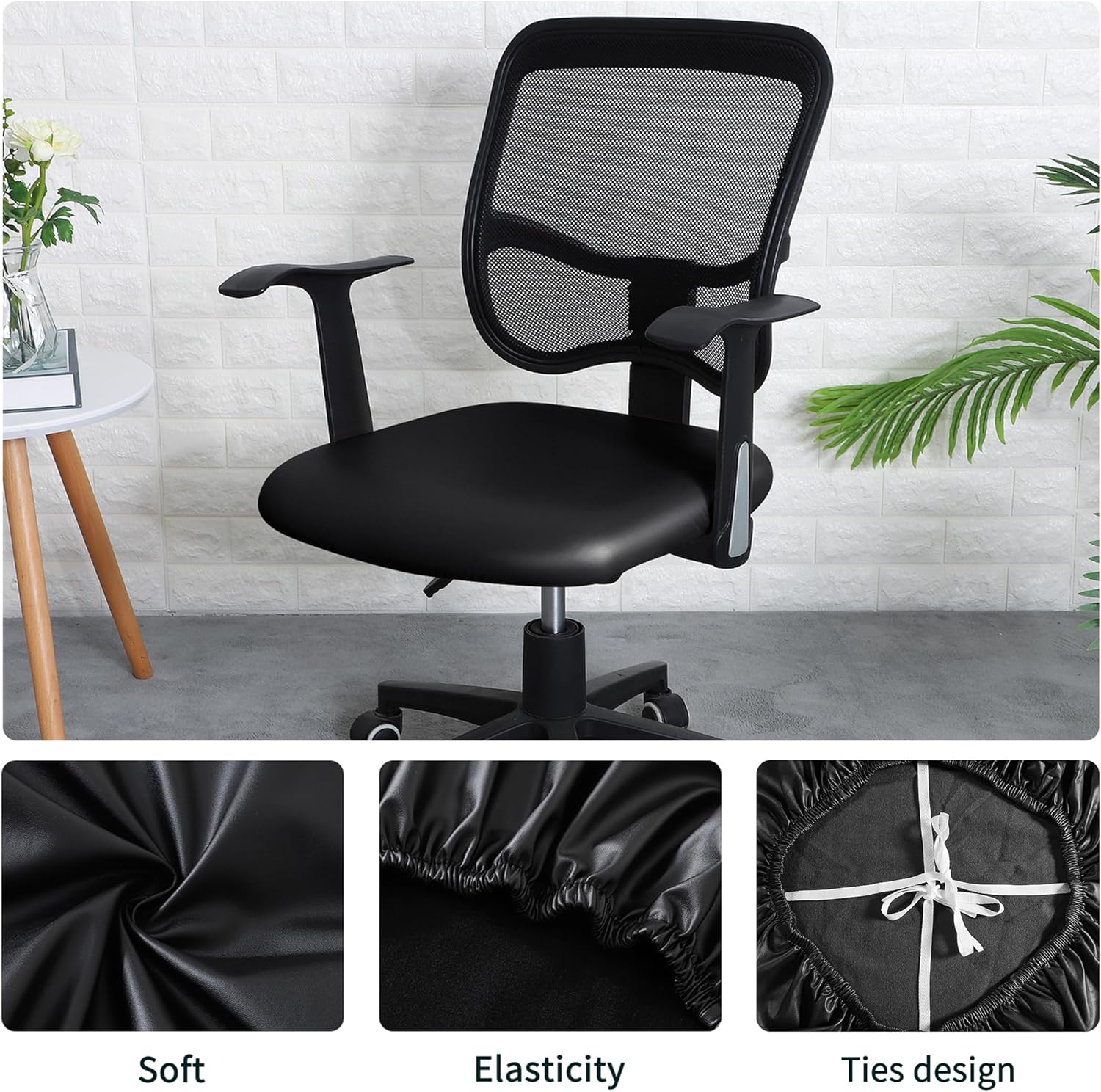 FORCHEER Office Chair seat Covers Leather Stretch Waterproof PU Computer Chair Seat Cushion Slipcovers-Black - Image 2