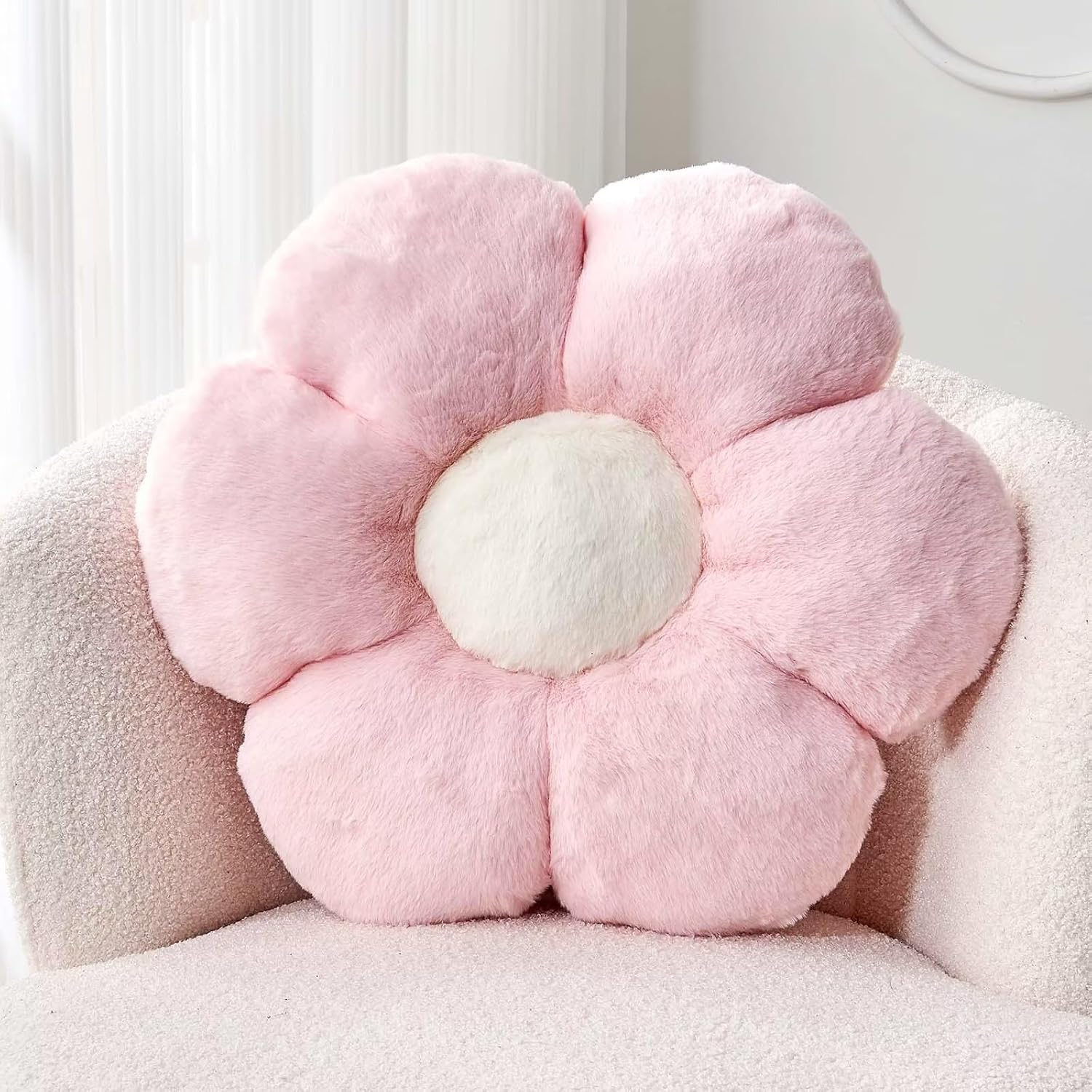 Pink Flower Pillow, Cute Decorative Flower Shaped Throw Pillow with Faux Rabbit Fur, 14.9