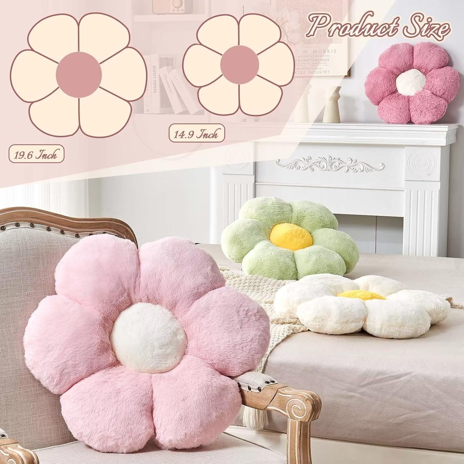 Pink Flower Pillow, Cute Decorative Flower Shaped Throw Pillow with Faux Rabbit Fur, 14.9