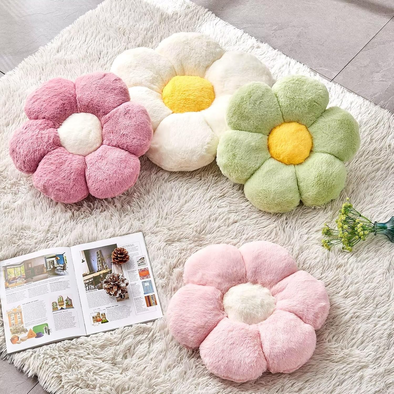 Pink Flower Pillow, Cute Decorative Flower Shaped Throw Pillow with Faux Rabbit Fur, 14.9