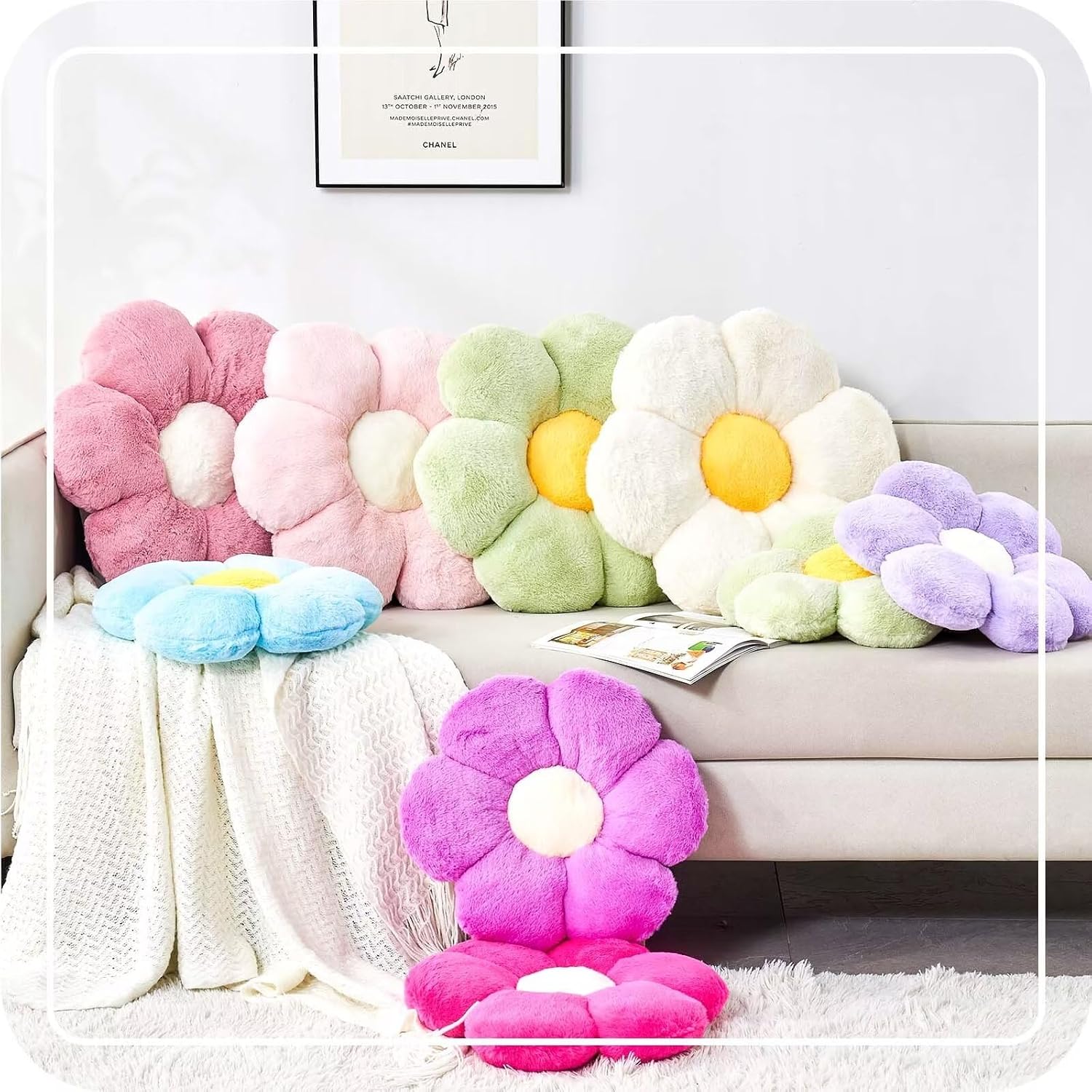 Pink Flower Pillow, Cute Decorative Flower Shaped Throw Pillow with Faux Rabbit Fur, 14.9