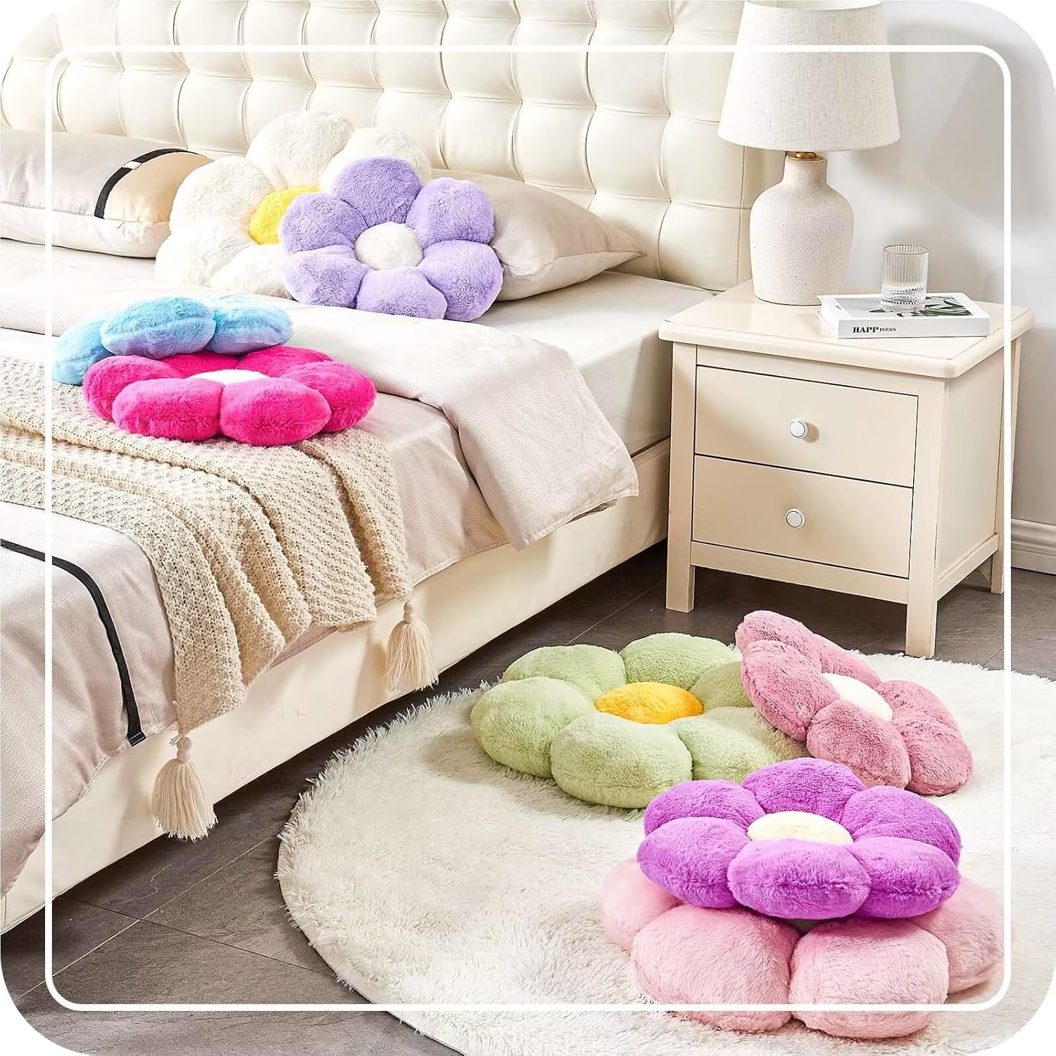 Pink Flower Pillow, Cute Decorative Flower Shaped Throw Pillow with Faux Rabbit Fur, 14.9