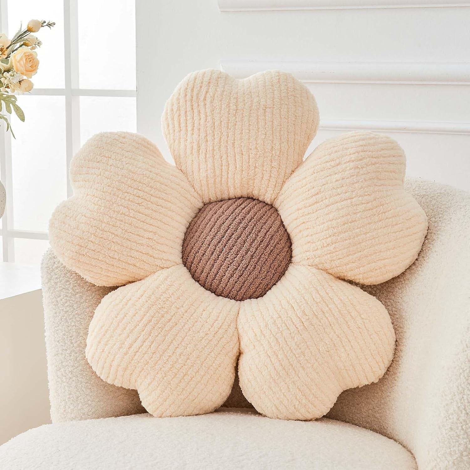 Flower Throw Pillow, Cute Flower Shaped Pillow Decorative Throw Pillow for Bed Couch, Soft Daisy Pillows Floor Seating Cushion Cushions (14.9 Inch Ivory+Brown) - Image 1