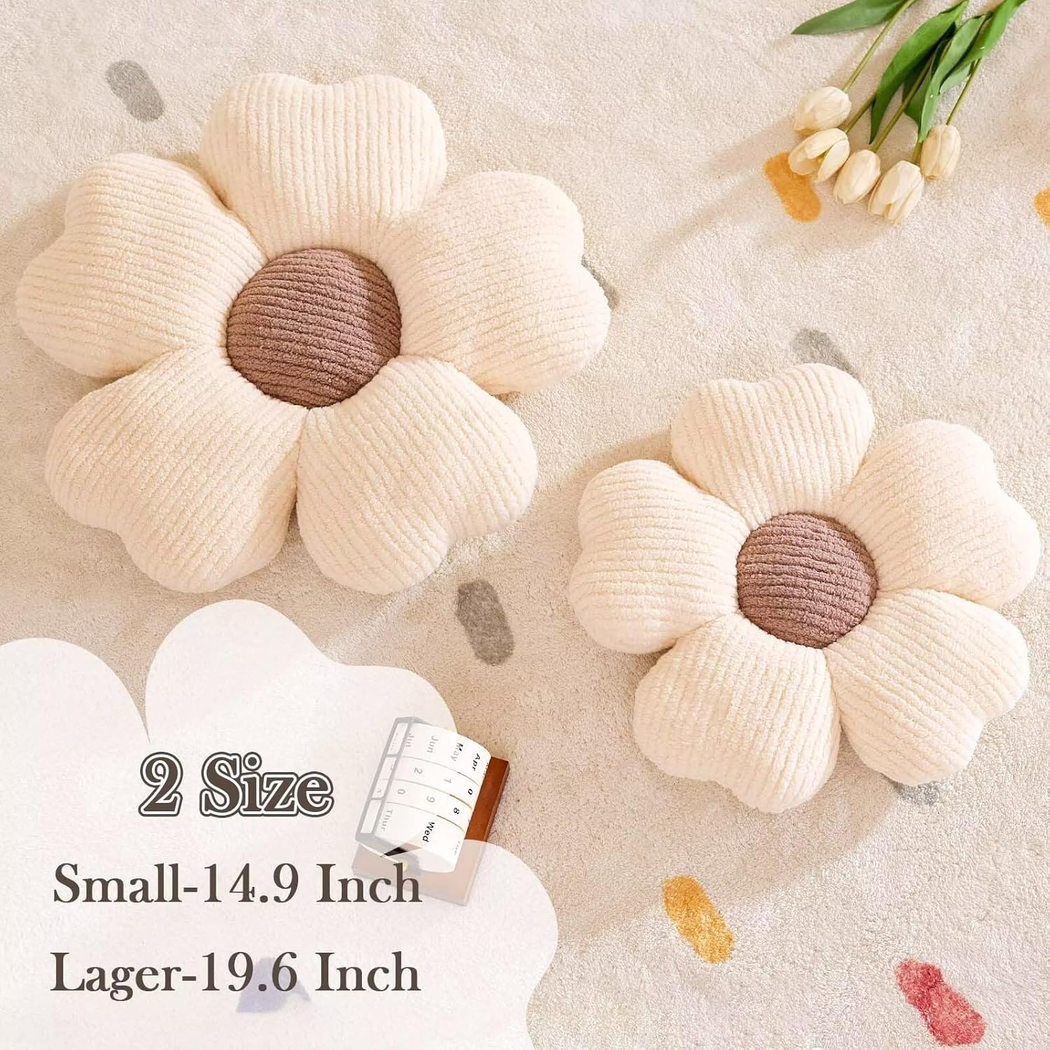 Flower Throw Pillow, Cute Flower Shaped Pillow Decorative Throw Pillow for Bed Couch, Soft Daisy Pillows Floor Seating Cushion Cushions (14.9 Inch Ivory+Brown) - Image 2