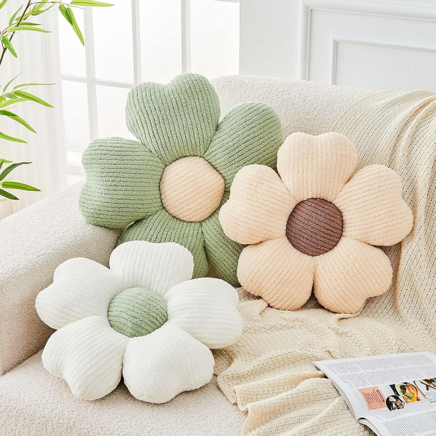 Flower Throw Pillow, Cute Flower Shaped Pillow Decorative Throw Pillow for Bed Couch, Soft Daisy Pillows Floor Seating Cushion Cushions (14.9 Inch Ivory+Brown) - Image 3