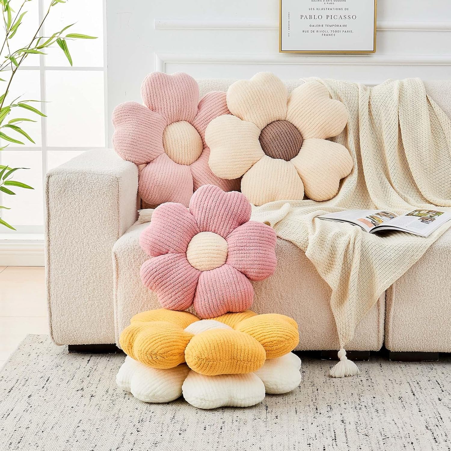 Flower Throw Pillow, Cute Flower Shaped Pillow Decorative Throw Pillow for Bed Couch, Soft Daisy Pillows Floor Seating Cushion Cushions (14.9 Inch Ivory+Brown) - Image 4