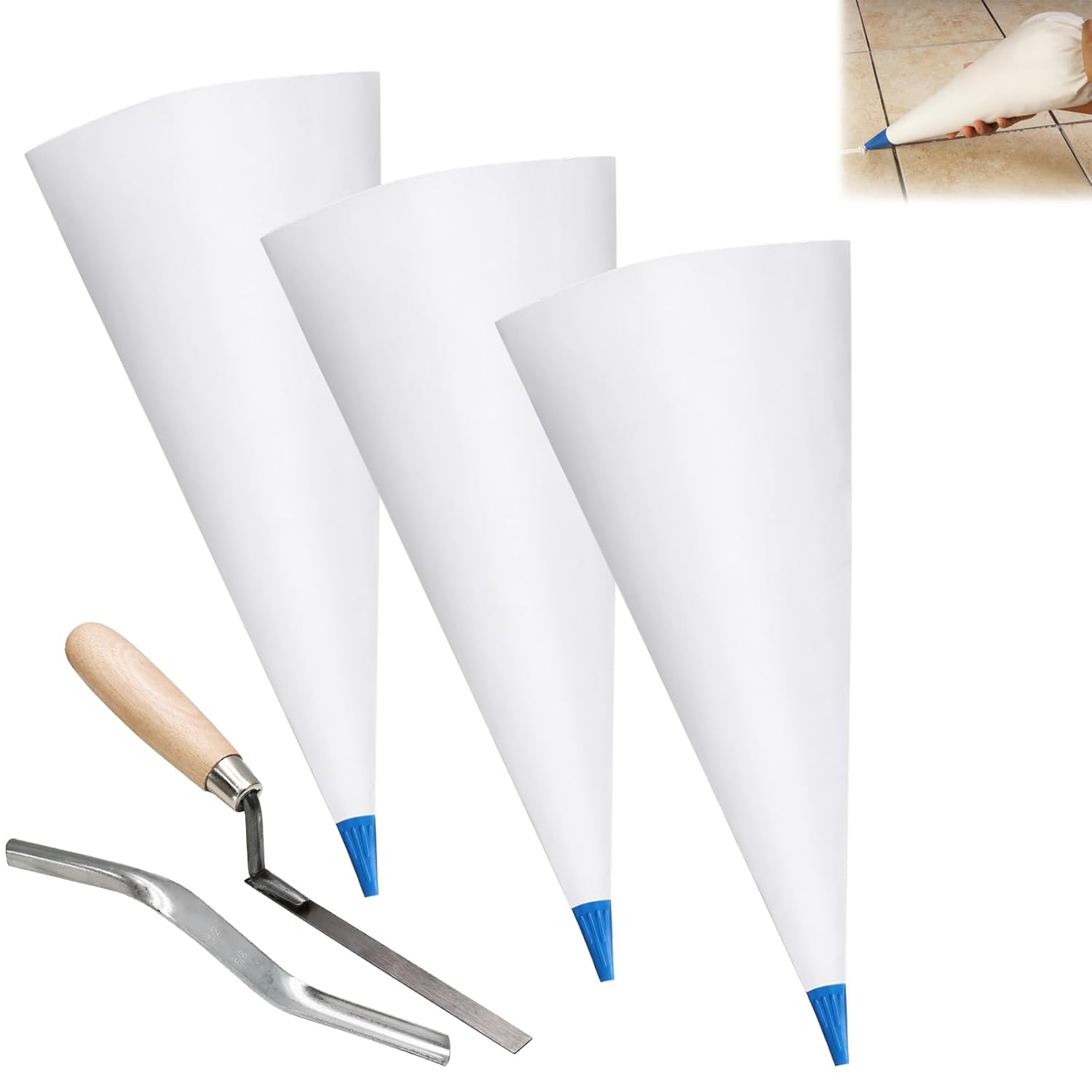 Biaungdo 3 Pack Tile Grout Masonry Mortar Bag & Brick Jointer & Tuck Pointers, Heavy Duty Piping Bags Grout Sealer Bag for Tile Installation(Blue) - Image 1