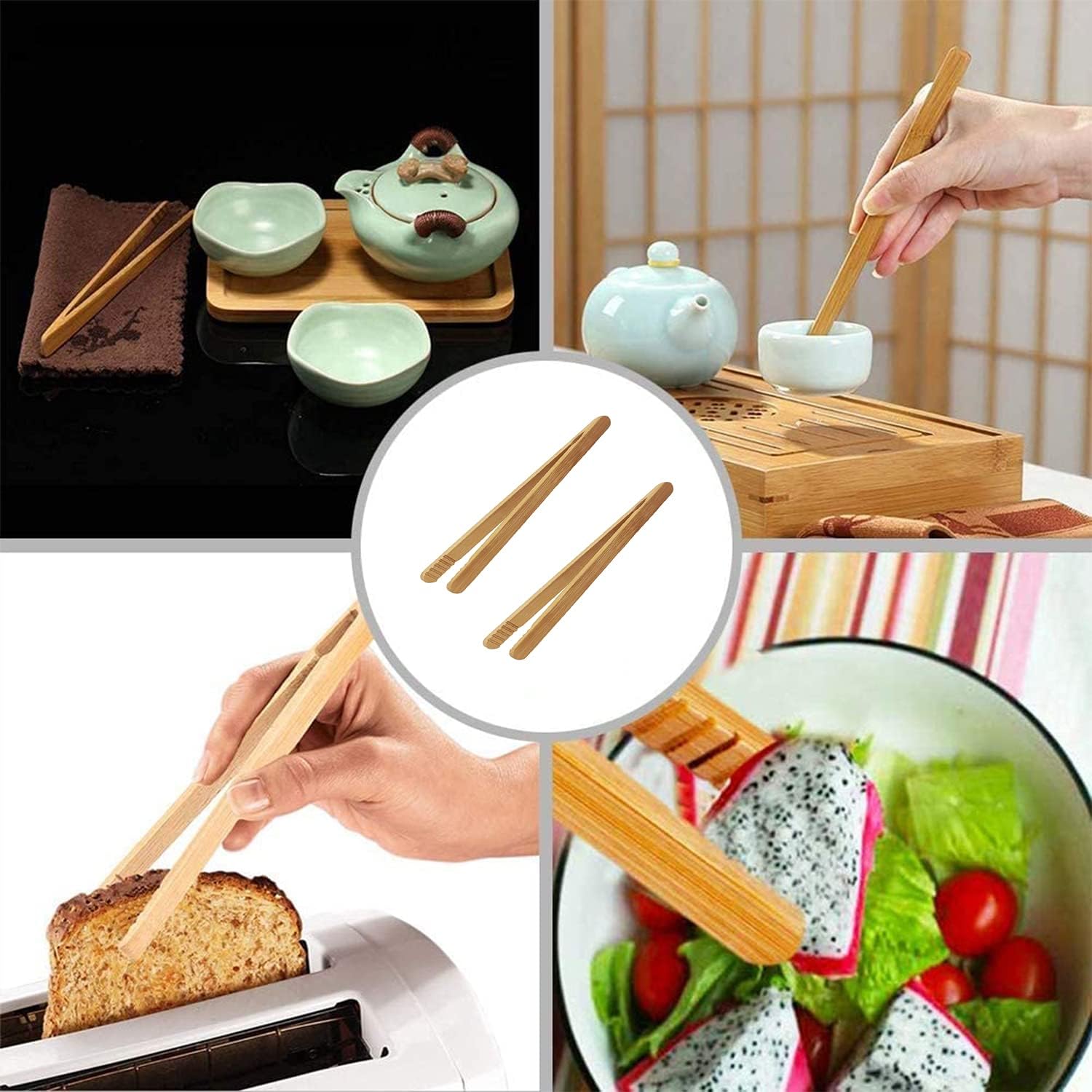 7 Inch Bamboo Kitchen Utensil Tongs, Reusable Bamboo Toast Tongs for Toast, Kimchi, Fruit and Tea, 8 Pcs. - Image 4