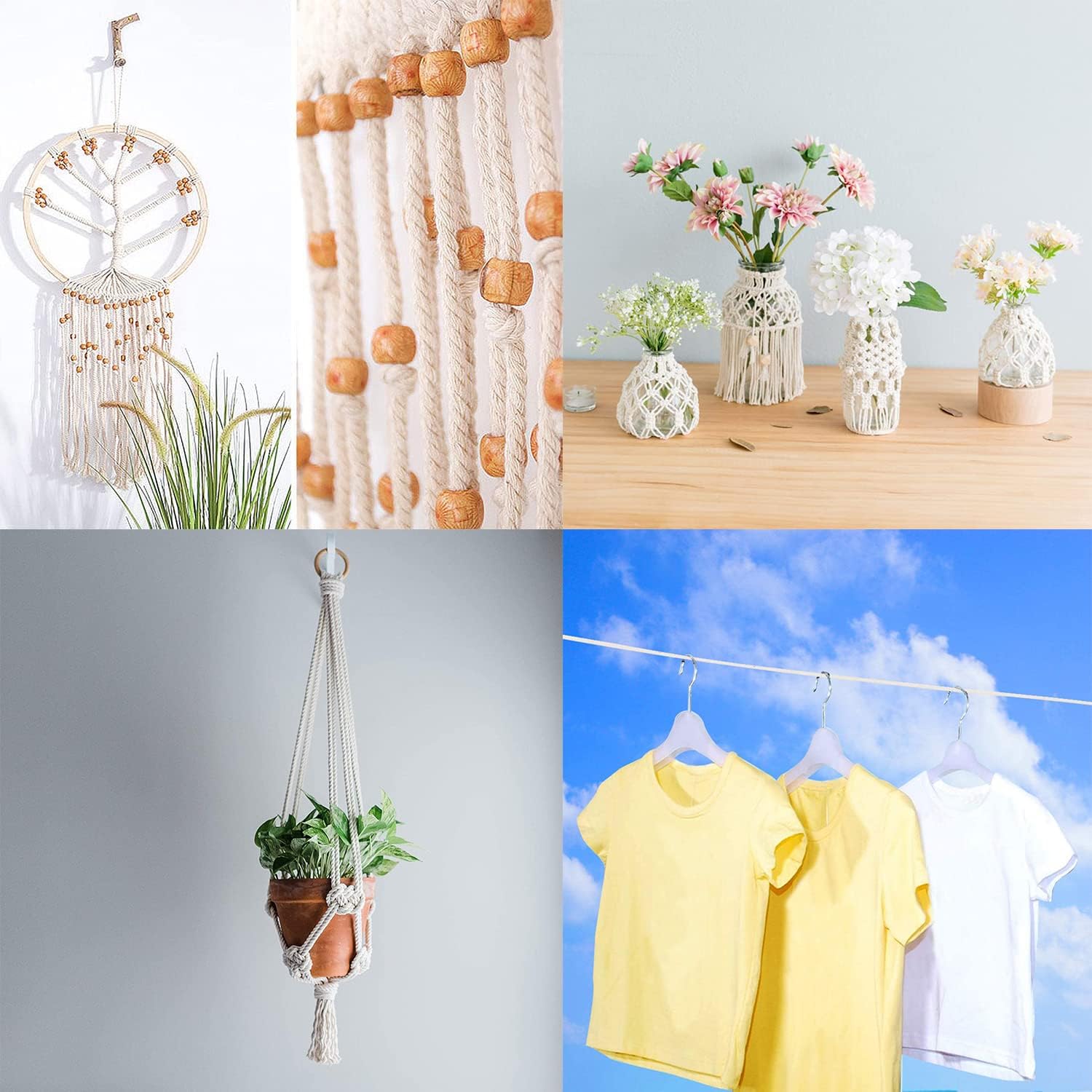 1/4 Inch Natural Cotton Rope, White Craft Clothesline, Used for DIY Rope Baskets, Handicrafts, Candle Wicks, etc, 6MM, 52 Feet. - Image 6