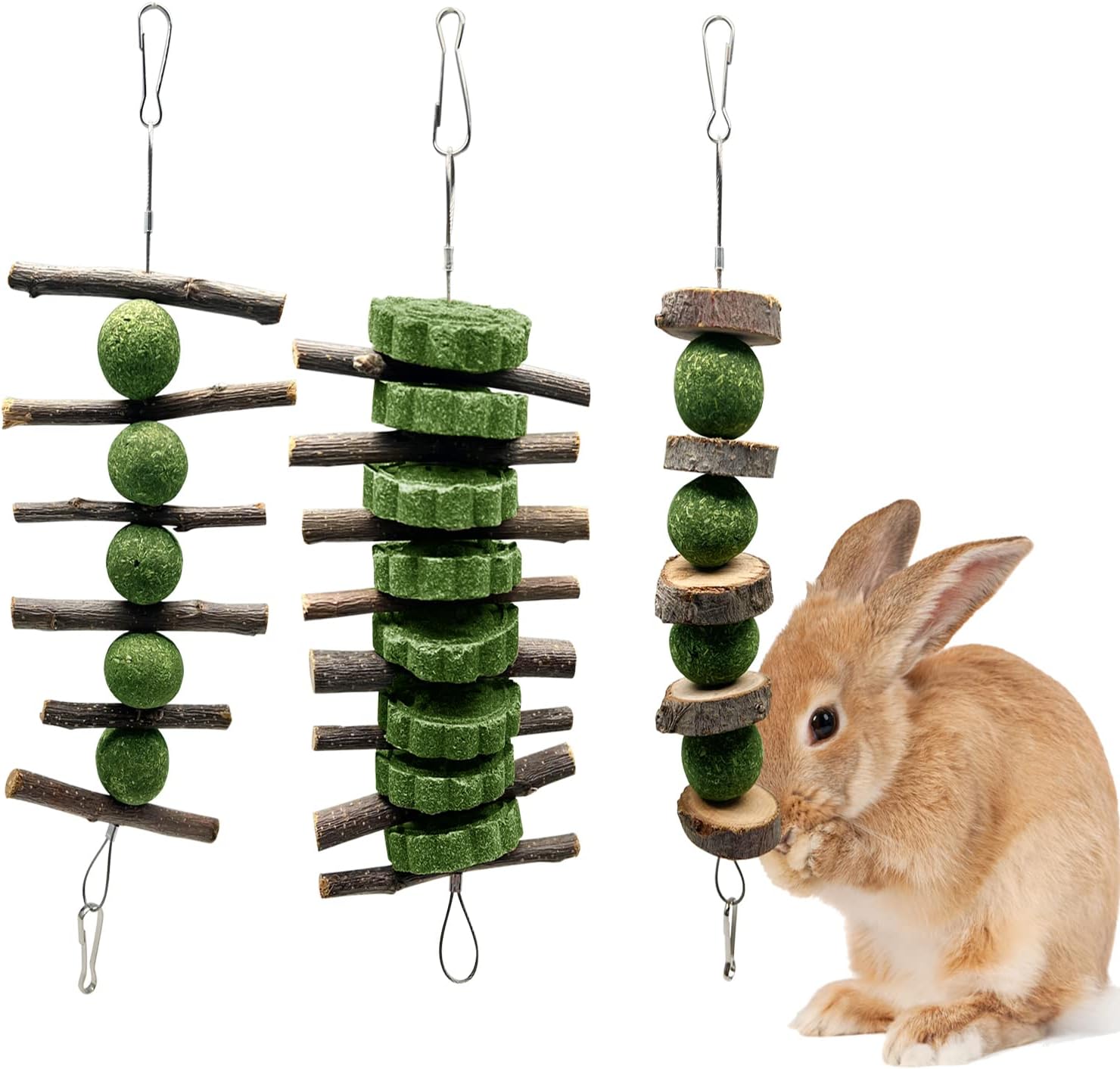 BallHull 3 Pcs Bunny Teeth Grinding Chew Toys, Apple Branch Chewing Sticks with Grass Ball and Grass Cake for Rabbits Bunnies Hamsters Guinea Pigs - Image 1