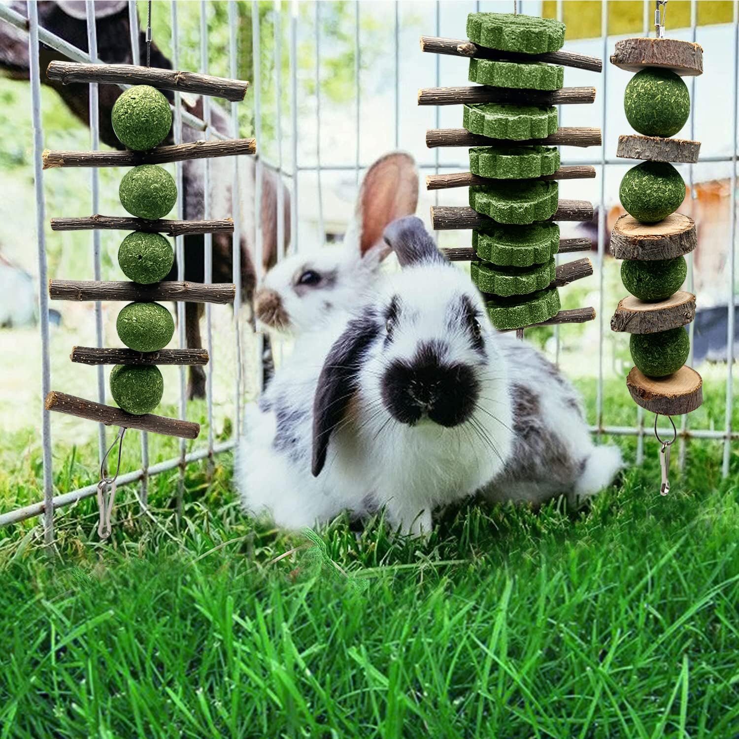 BallHull 3 Pcs Bunny Teeth Grinding Chew Toys, Apple Branch Chewing Sticks with Grass Ball and Grass Cake for Rabbits Bunnies Hamsters Guinea Pigs - Image 3
