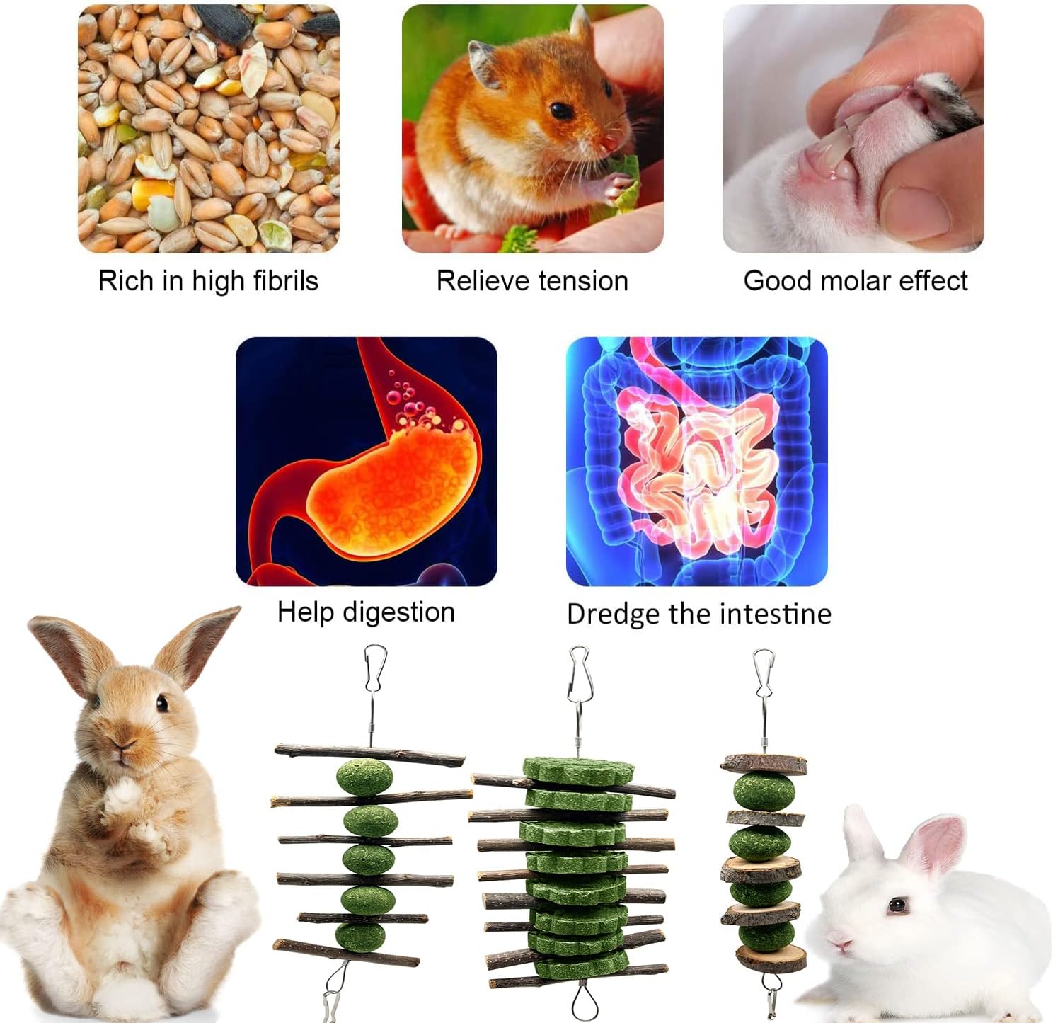 BallHull 3 Pcs Bunny Teeth Grinding Chew Toys, Apple Branch Chewing Sticks with Grass Ball and Grass Cake for Rabbits Bunnies Hamsters Guinea Pigs - Image 5