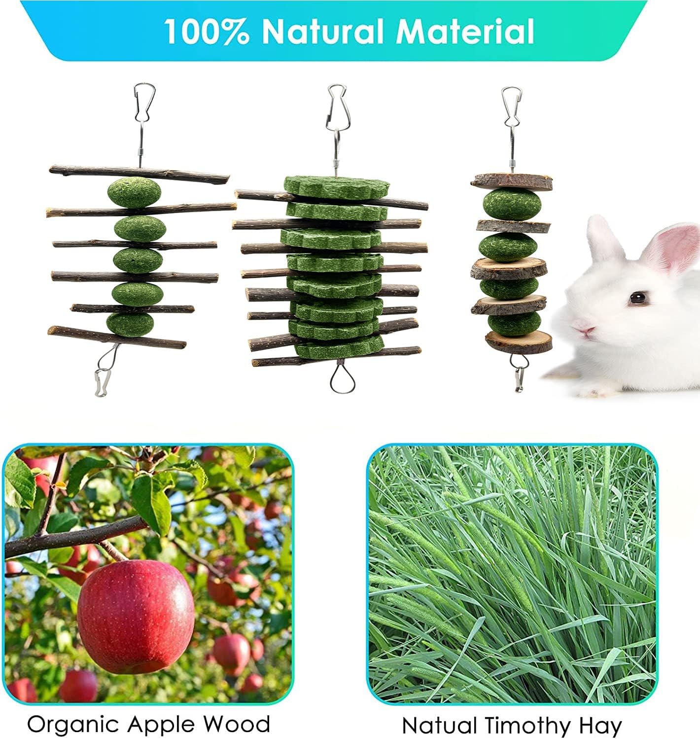 BallHull 3 Pcs Bunny Teeth Grinding Chew Toys, Apple Branch Chewing Sticks with Grass Ball and Grass Cake for Rabbits Bunnies Hamsters Guinea Pigs - Image 6