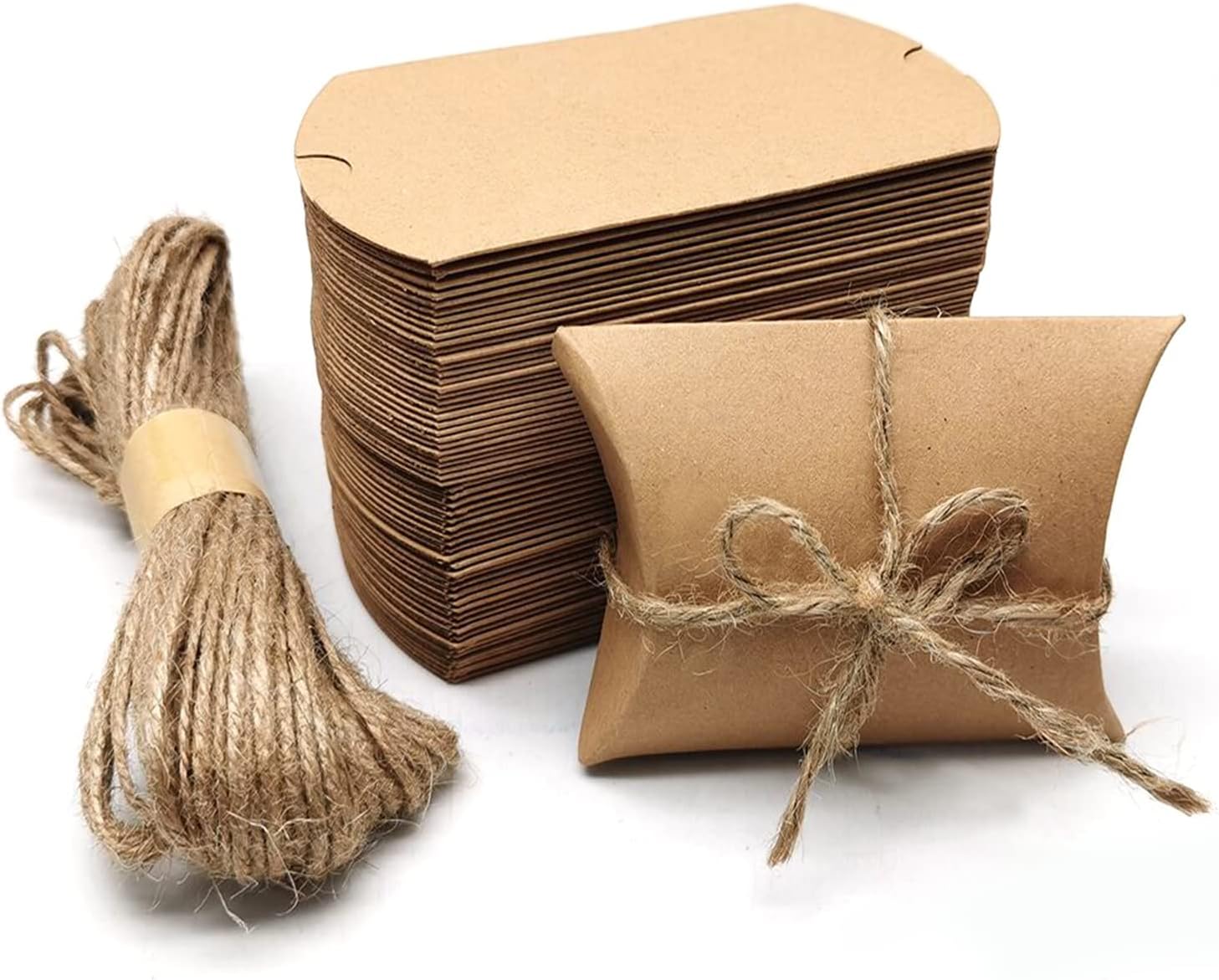 BallHull Kraft Paper Pillow Candy Box, Foldable Gift Box with Jute Rope for Weddings, Parties, Birthdays, Holidays, 60 Pcs - Image 1