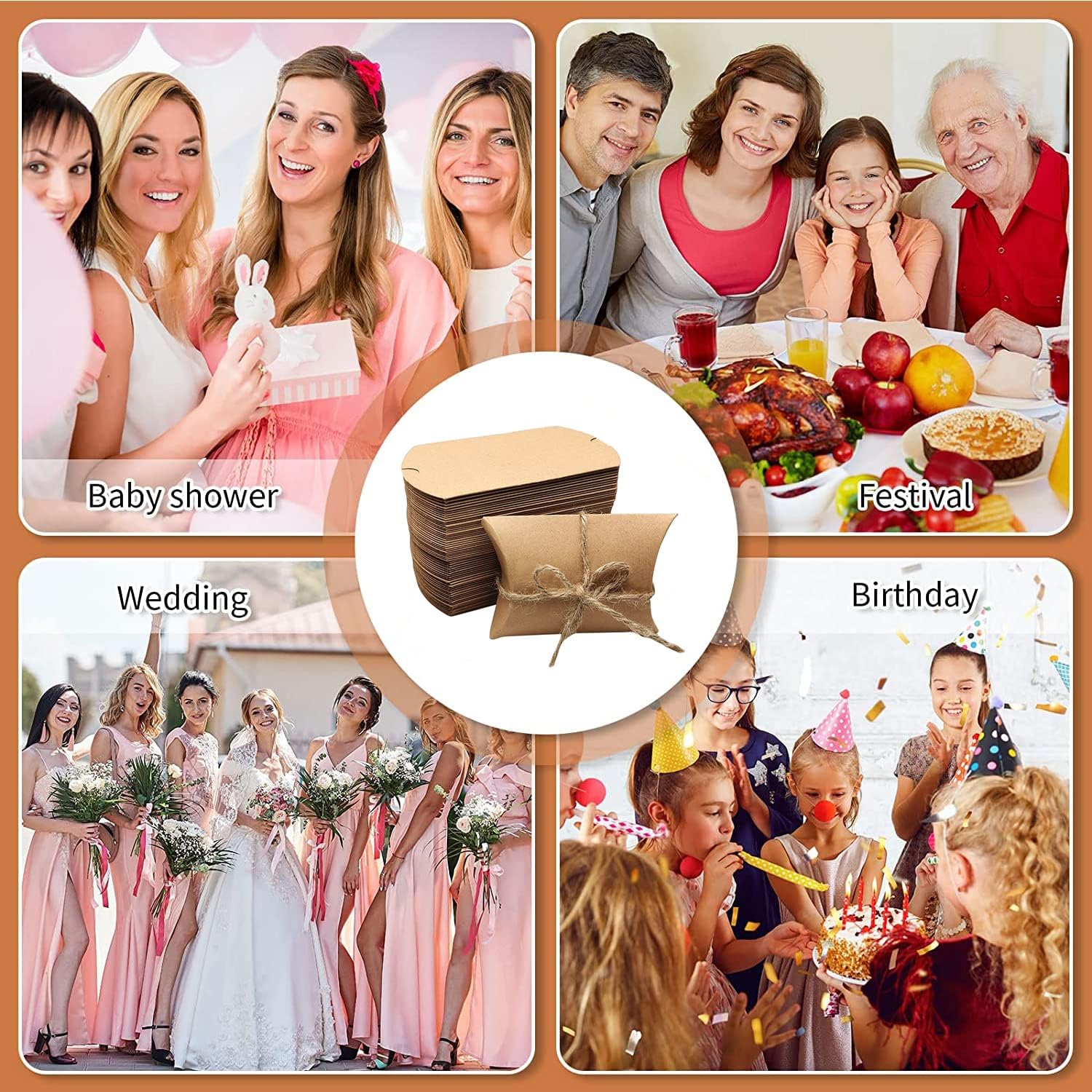 BallHull Kraft Paper Pillow Candy Box, Foldable Gift Box with Jute Rope for Weddings, Parties, Birthdays, Holidays, 60 Pcs - Image 6