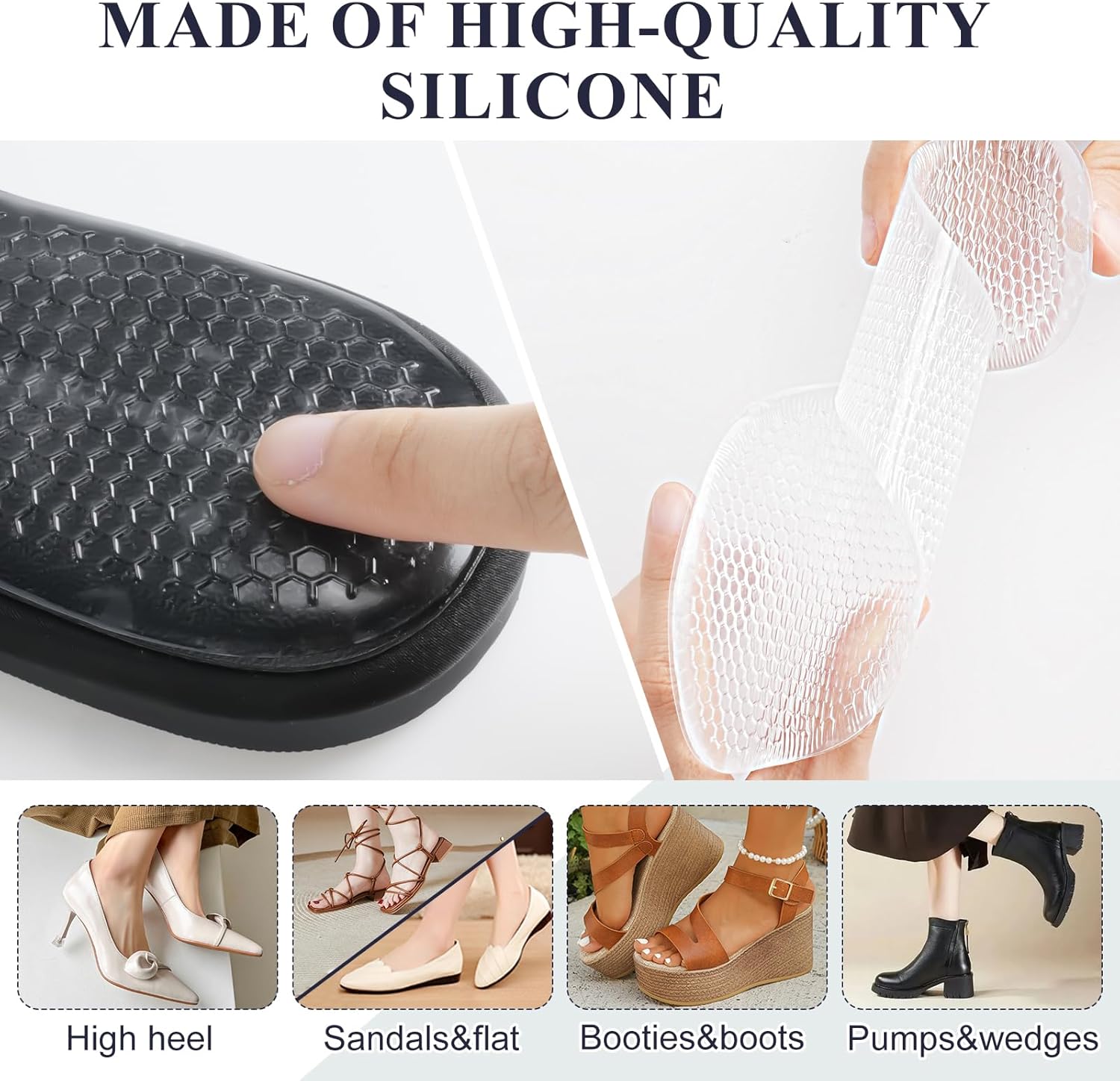 2 Pairs High Heel Inserts Women, Self-Adhesive Gel Sandal Inserts Insoles, New Anti Slip Design Comfort Insert, 3/4 Length Dress Shoe Inserts Pain Relief, Shock & Sweat Absorption, 2 Clear S - Image 2