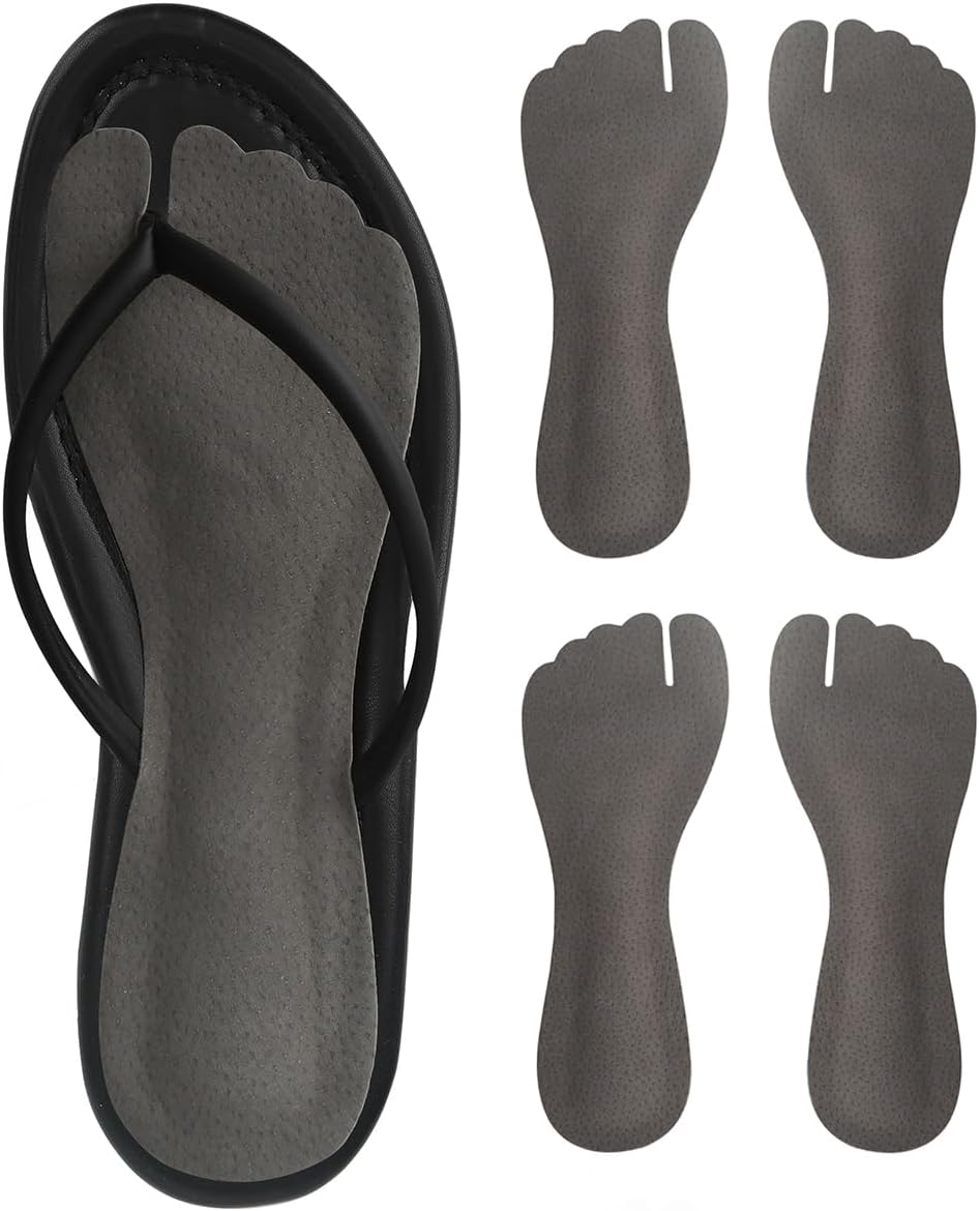 2 Pairs Pigskin Flip Flop Insoles Anti-Slip, Self Adhesive Cushion Insert for Thong Sandals Pain Relief, Arch Support Sandals Slippers Insoles Prevent Calluses, Black Gray, 5-7.5 - Image 1