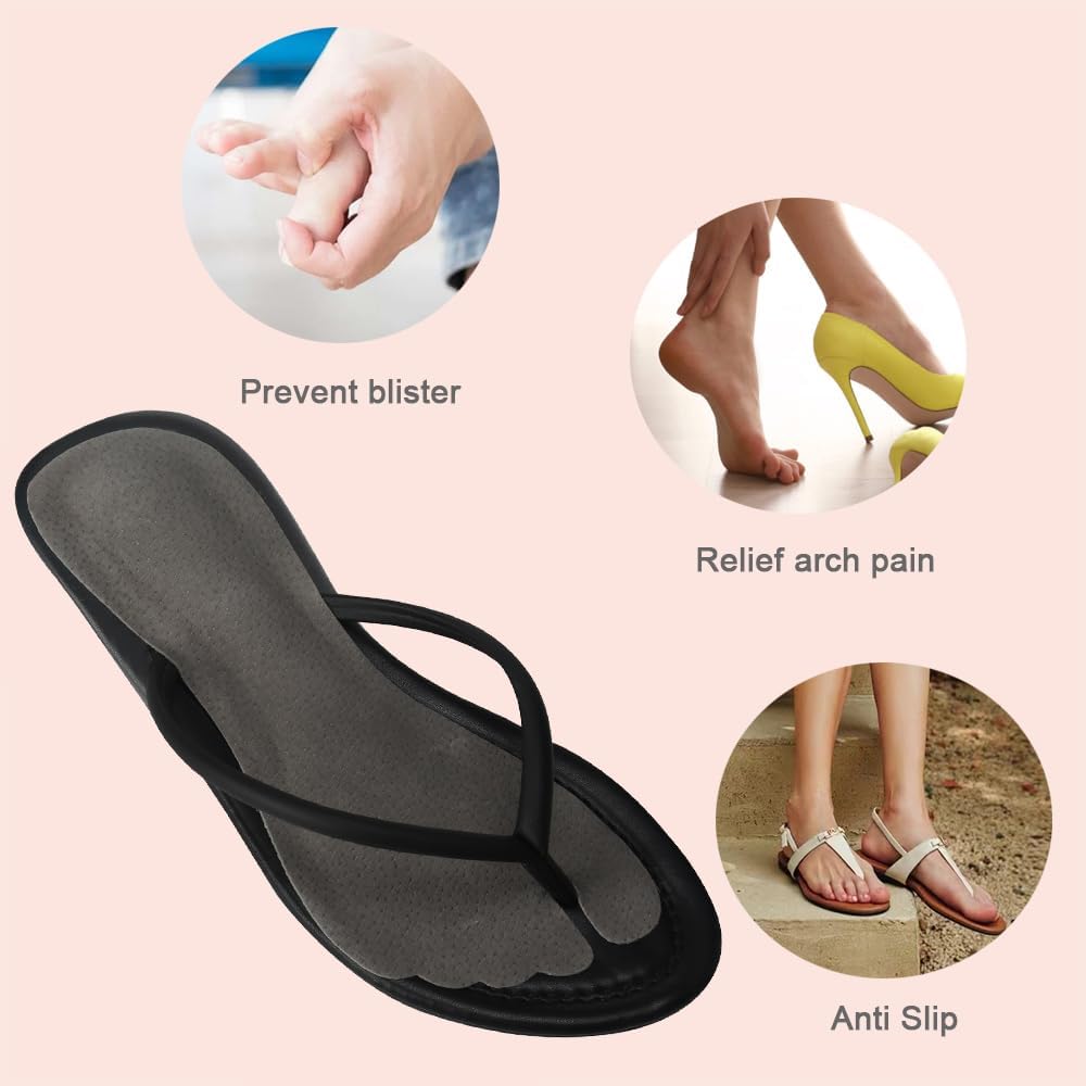 2 Pairs Pigskin Flip Flop Insoles Anti-Slip, Self Adhesive Cushion Insert for Thong Sandals Pain Relief, Arch Support Sandals Slippers Insoles Prevent Calluses, Black Gray, 5-7.5 - Image 6