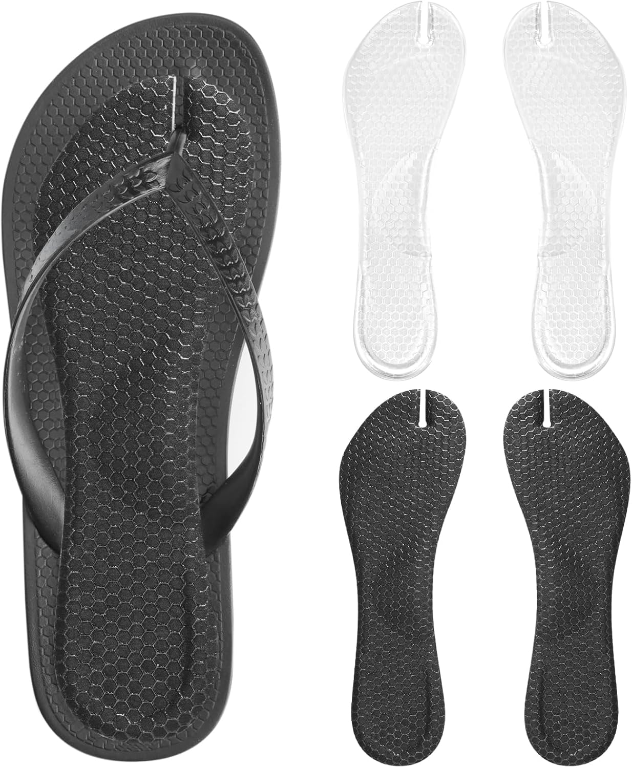 (2 Pairs) Flip Flop Insoles Arch Support, Gel Cushion Insoles for Thong Sandals, Self-Adhesive, Clear+Black, L for Women 8-11 - Image 1