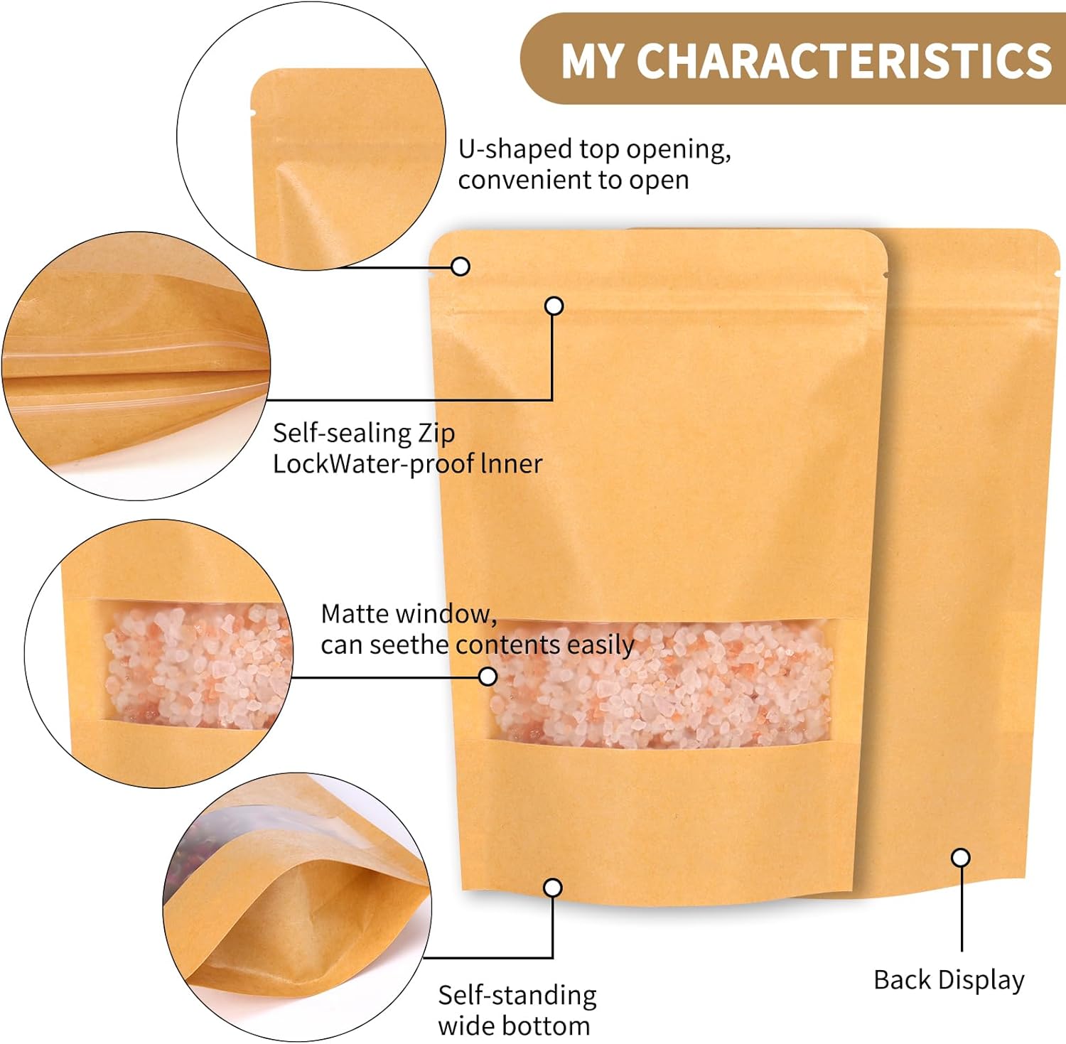 Moretoes 72pcs 5.9x8.6 Inches Kraft Paper Resealable Bags for Small Business, Stand Up Pouches, Food Packaging Bags with Window, Ziplock Coffee Pouches for Small Business - Image 3