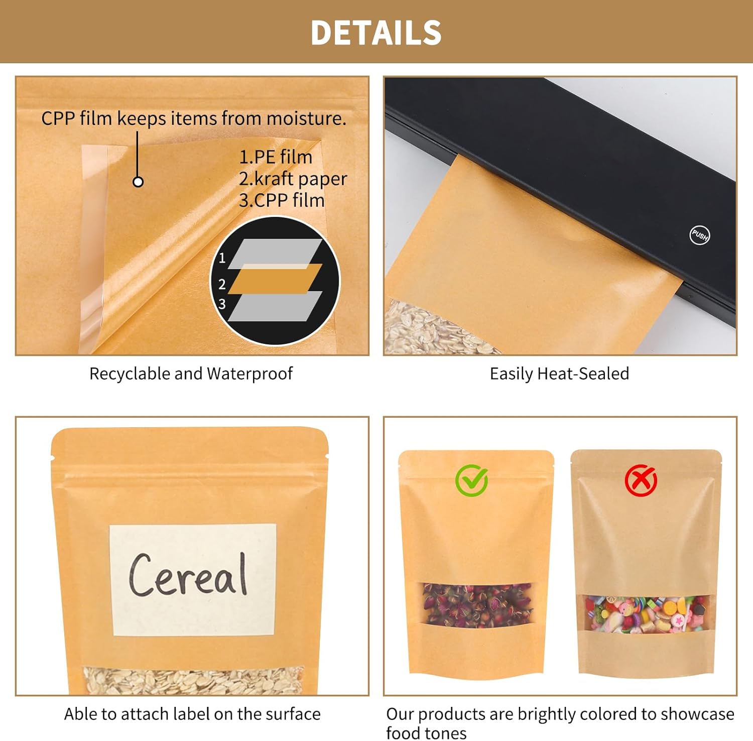 Moretoes 72pcs 5.9x8.6 Inches Kraft Paper Resealable Bags for Small Business, Stand Up Pouches, Food Packaging Bags with Window, Ziplock Coffee Pouches for Small Business - Image 4