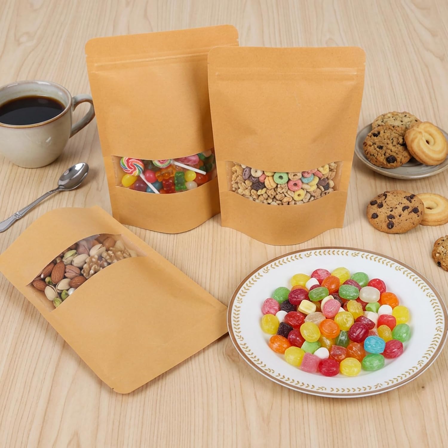Moretoes 72pcs 5.9x8.6 Inches Kraft Paper Resealable Bags for Small Business, Stand Up Pouches, Food Packaging Bags with Window, Ziplock Coffee Pouches for Small Business - Image 6