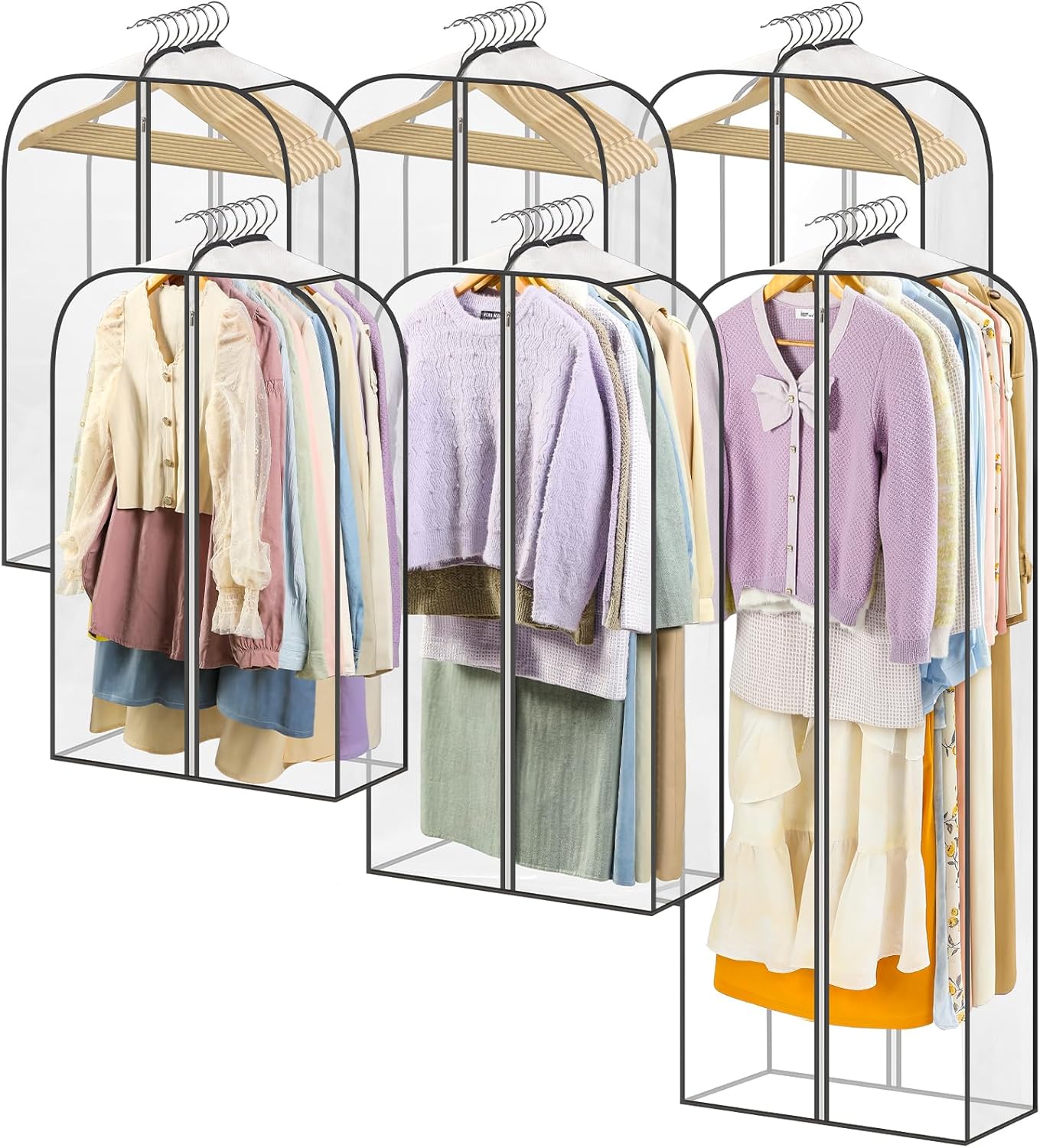 LANDNEOO 6 Pack Clear Garment Bags for Hanging Clothes with Zippers on Double Sides - 10'' Clothes Storage for Coat, Dress, and Fur in Closet - 32&40&60