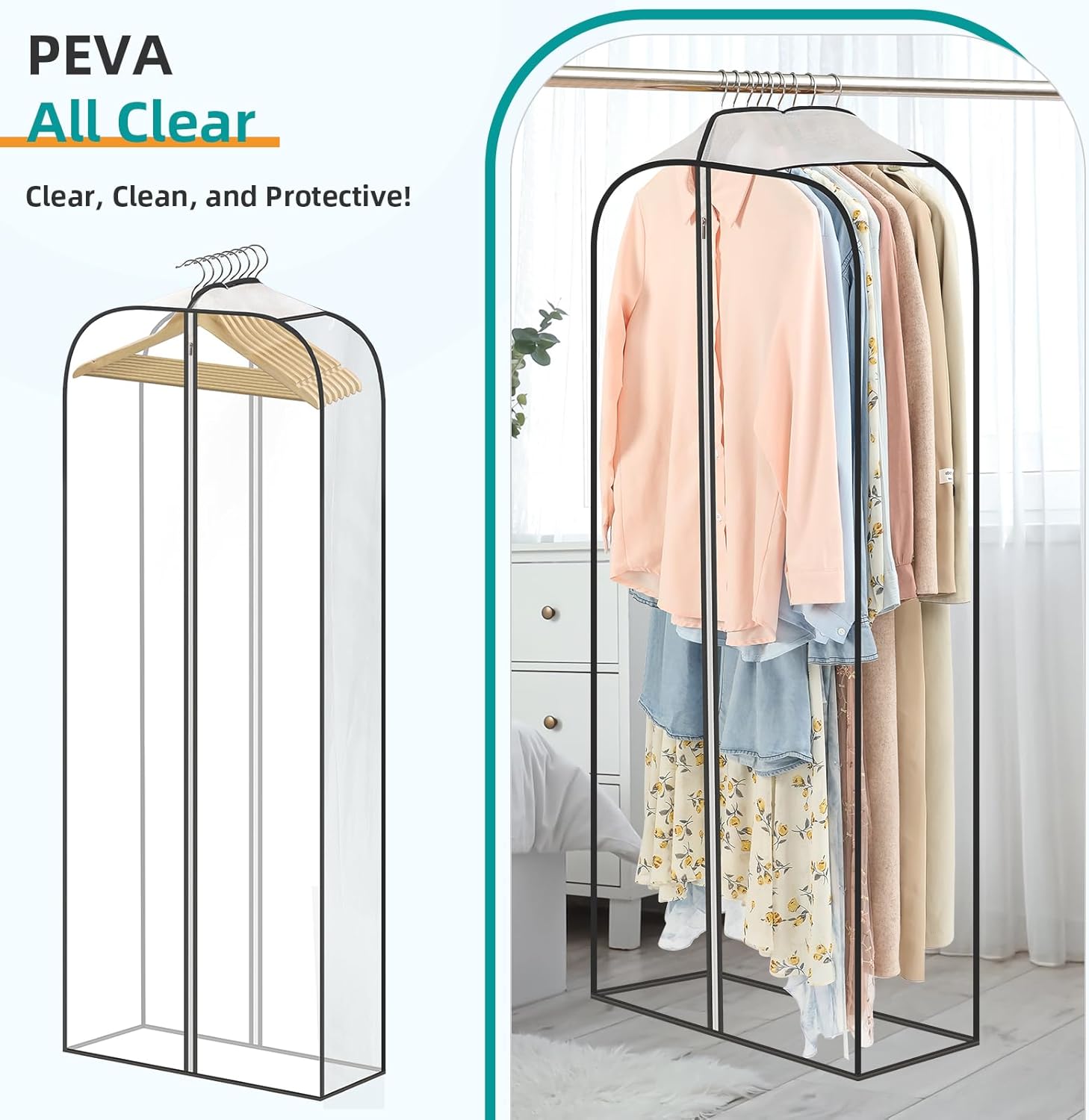 LANDNEOO 6 Pack Clear Garment Bags for Hanging Clothes with Zippers on Double Sides - 10'' Clothes Storage for Coat, Dress, and Fur in Closet - 32&40&60