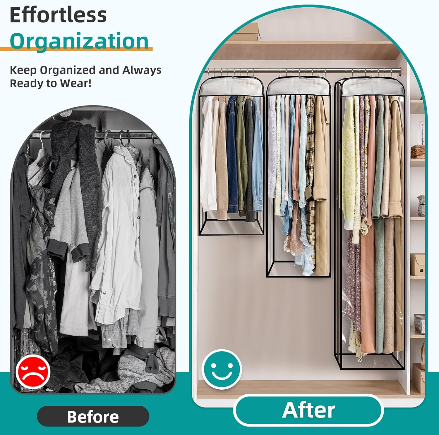 LANDNEOO 6 Pack Clear Garment Bags for Hanging Clothes with Zippers on Double Sides - 10'' Clothes Storage for Coat, Dress, and Fur in Closet - 32&40&60