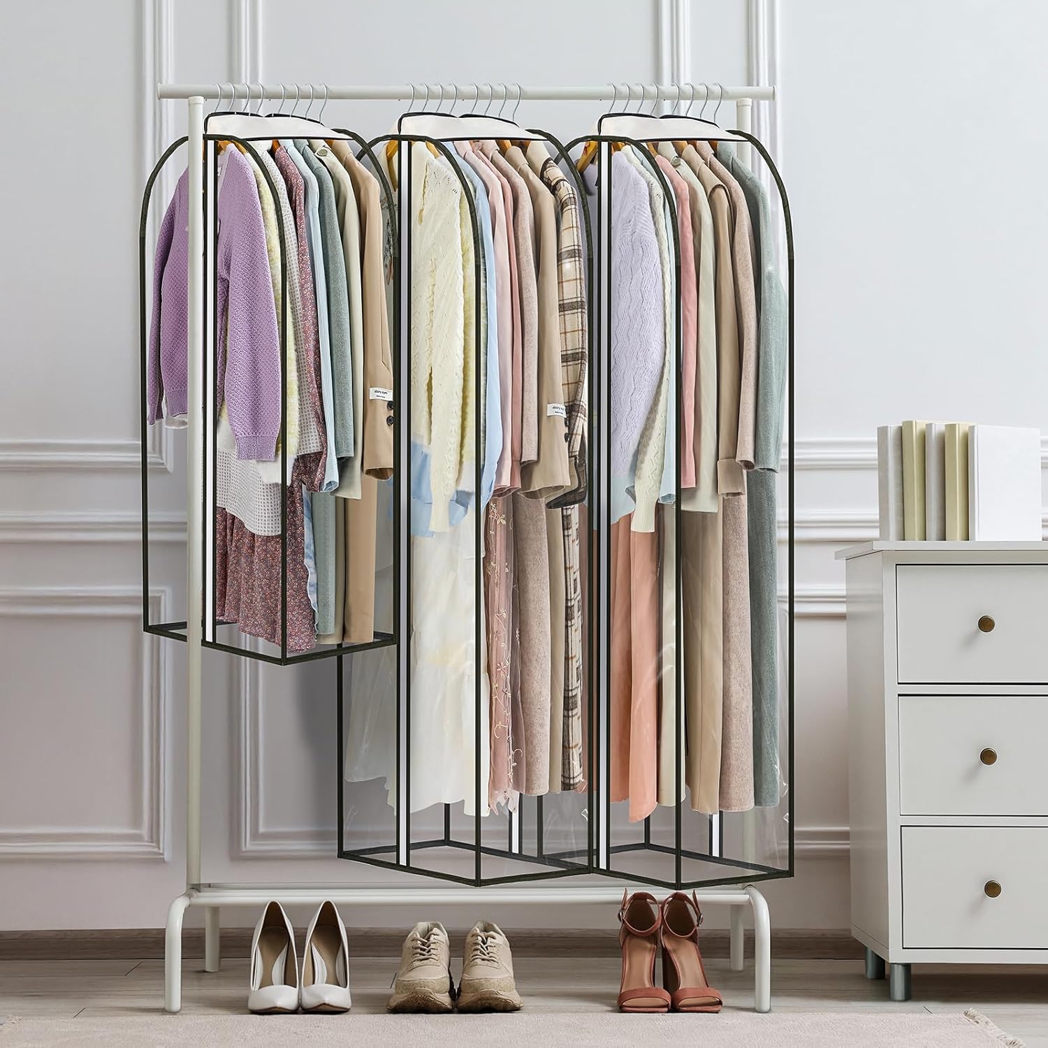 LANDNEOO 6 Pack Clear Garment Bags for Hanging Clothes with Zippers on Double Sides - 10'' Clothes Storage for Coat, Dress, and Fur in Closet - 32&40&60