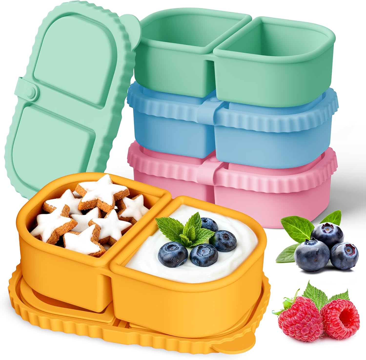 YQL 4 Pack Silicone Snack Containers with Leakproof Lids, Double-Compartment Bento Boxes for Kids & Adults, Reusable Food Storage for Snacks, Sauces, Lunch, Travel, and Meal Prep - Image 1