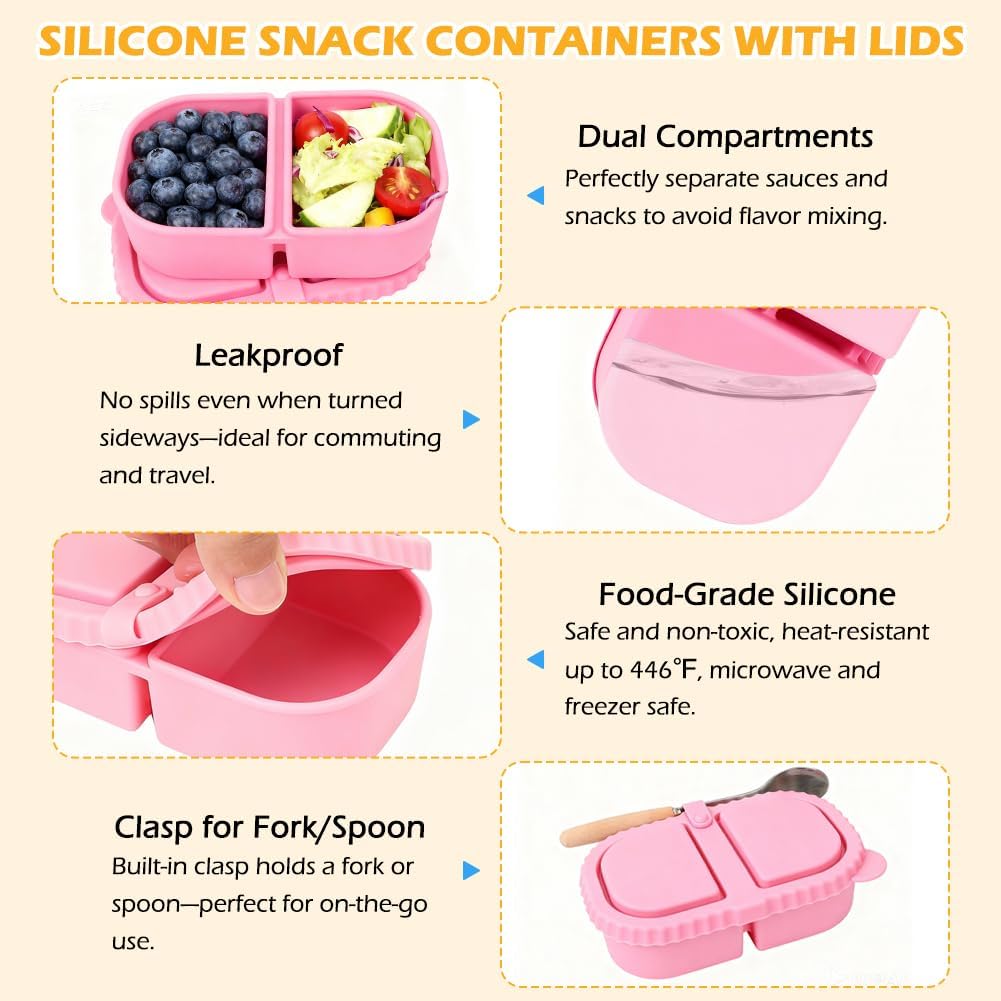 YQL 4 Pack Silicone Snack Containers with Leakproof Lids, Double-Compartment Bento Boxes for Kids & Adults, Reusable Food Storage for Snacks, Sauces, Lunch, Travel, and Meal Prep - Image 3