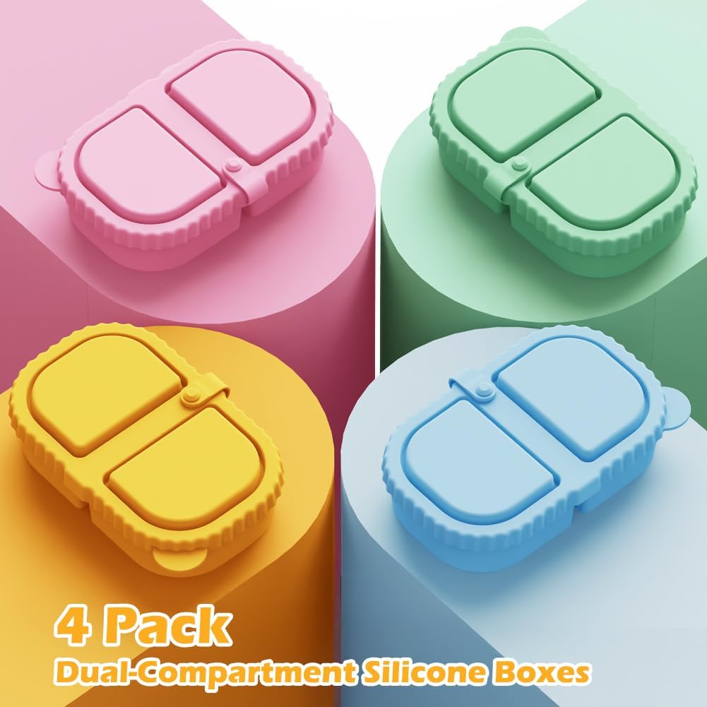 YQL 4 Pack Silicone Snack Containers with Leakproof Lids, Double-Compartment Bento Boxes for Kids & Adults, Reusable Food Storage for Snacks, Sauces, Lunch, Travel, and Meal Prep - Image 4