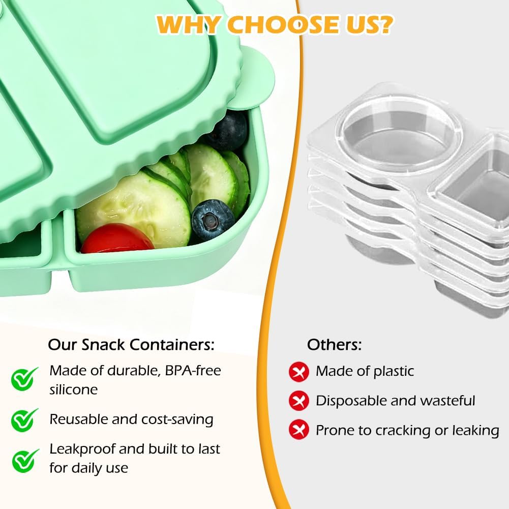 YQL 4 Pack Silicone Snack Containers with Leakproof Lids, Double-Compartment Bento Boxes for Kids & Adults, Reusable Food Storage for Snacks, Sauces, Lunch, Travel, and Meal Prep - Image 5