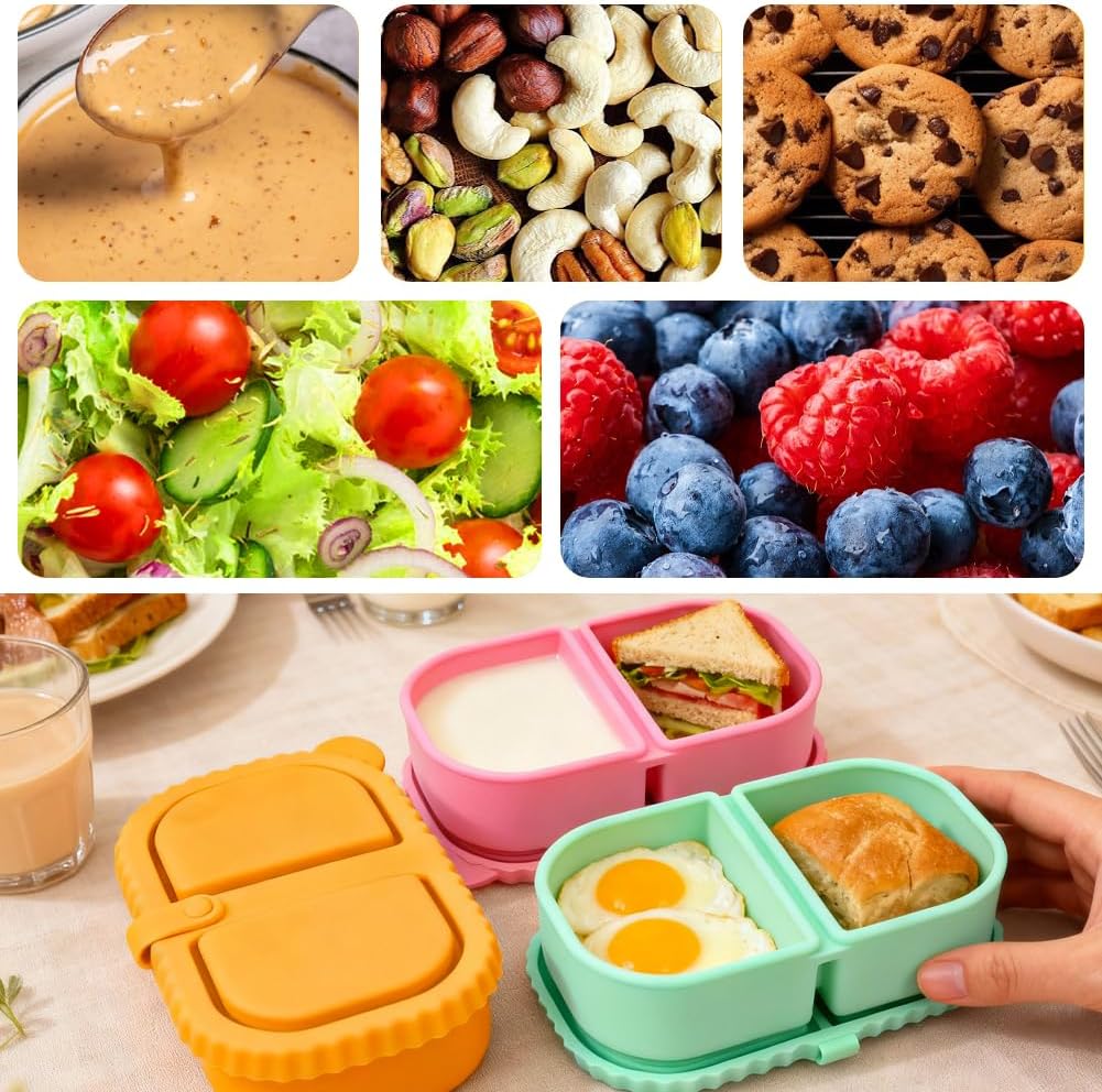 YQL 4 Pack Silicone Snack Containers with Leakproof Lids, Double-Compartment Bento Boxes for Kids & Adults, Reusable Food Storage for Snacks, Sauces, Lunch, Travel, and Meal Prep - Image 6