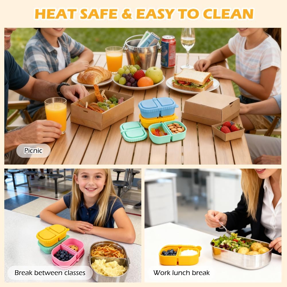 YQL 4 Pack Silicone Snack Containers with Leakproof Lids, Double-Compartment Bento Boxes for Kids & Adults, Reusable Food Storage for Snacks, Sauces, Lunch, Travel, and Meal Prep - Image 7