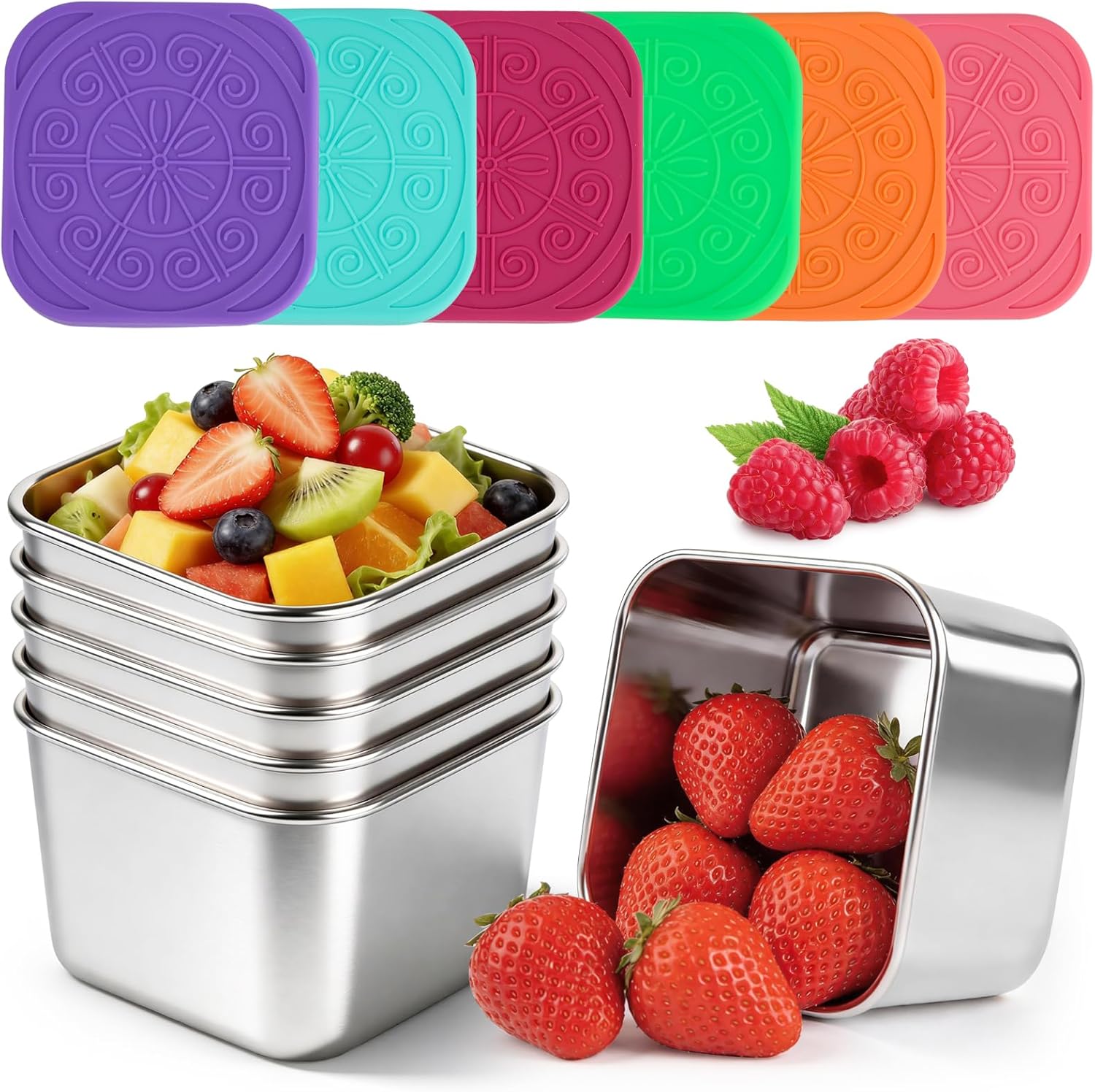 YQL 6-Pack 6oz Square Stainless Steel Snack Containers – Leakproof Metal Food Storage with Colorful Silicone Lids, Reusable Small Boxes for Travel & Meal Prep - Image 1